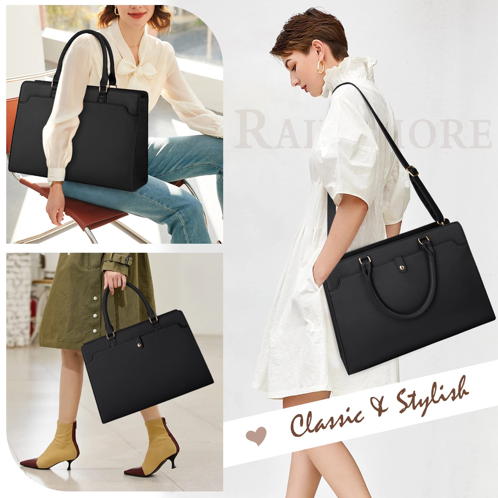 RAINSMORE 15.6 Inch Leather Laptop Tote Bag for Women - Waterproof Business Office Briefcase, Large Capacity Work Bag, Shoulder Handbag, Black - Perfect for Commuting, Travel, and Professional Meetings