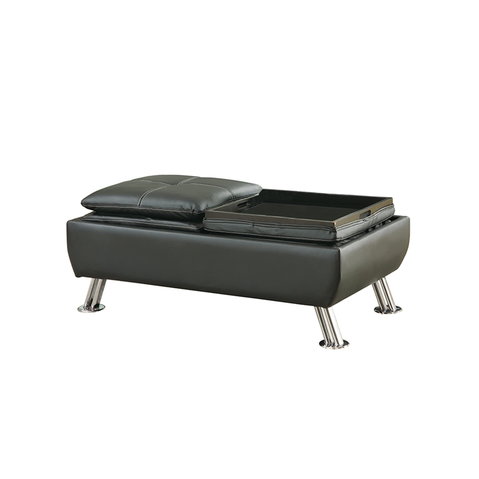 Benjara Black Faux Leather Storage Ottoman with Reversible Tray Top - Multi-Functional Footrest, Coffee Table & Hidden Storage for Living Room, Bedroom & Office