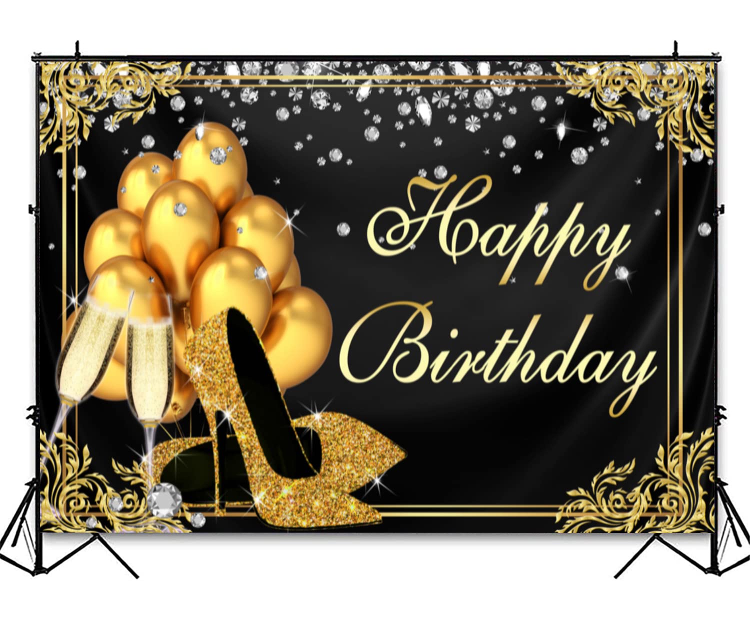 Black and Gold Happy Birthday Backdrop with Shining Diamond Design - 7x5ft Photography Background for Adult Women & Girls Birthday Party, Photo Booth, Golden Heels & Champagne Theme Decoration - Perfect for Birthday Celebrations, Bridal Showers & Social Media Photos