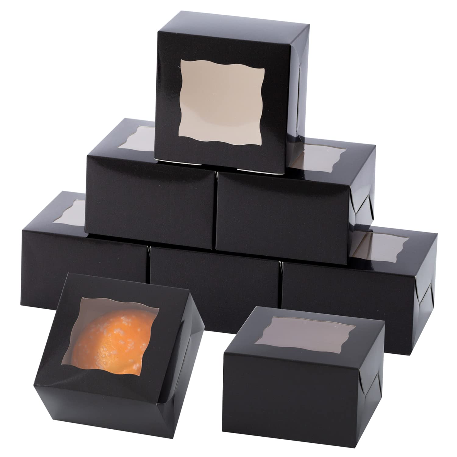 100-Pack 4x4x2.5 Inch Small Bakery Boxes with Window - Mini Cake & Pastry Boxes for Cupcakes, Donuts, Chocolate Strawberries, Desserts, Candies | Perfect for Home Baking, Party Favors, Wedding Treats & Gift Packaging (Black)