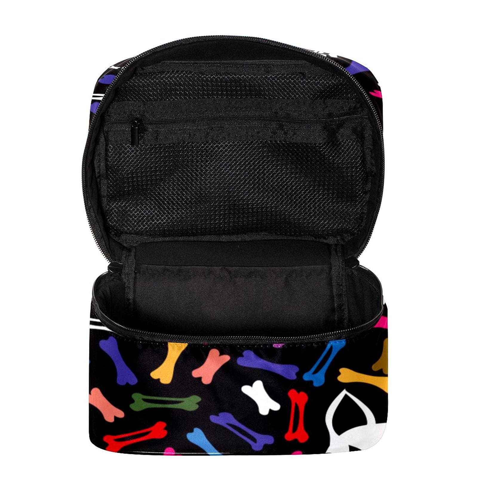 Halloween Skull Cats & Colorful Bones Large Travel Makeup Bag - Waterproof Cosmetic Organizer Case with Zipper for Women & Girls - Perfect for Halloween Parties, Travel Toiletries & Daily Makeup Storage