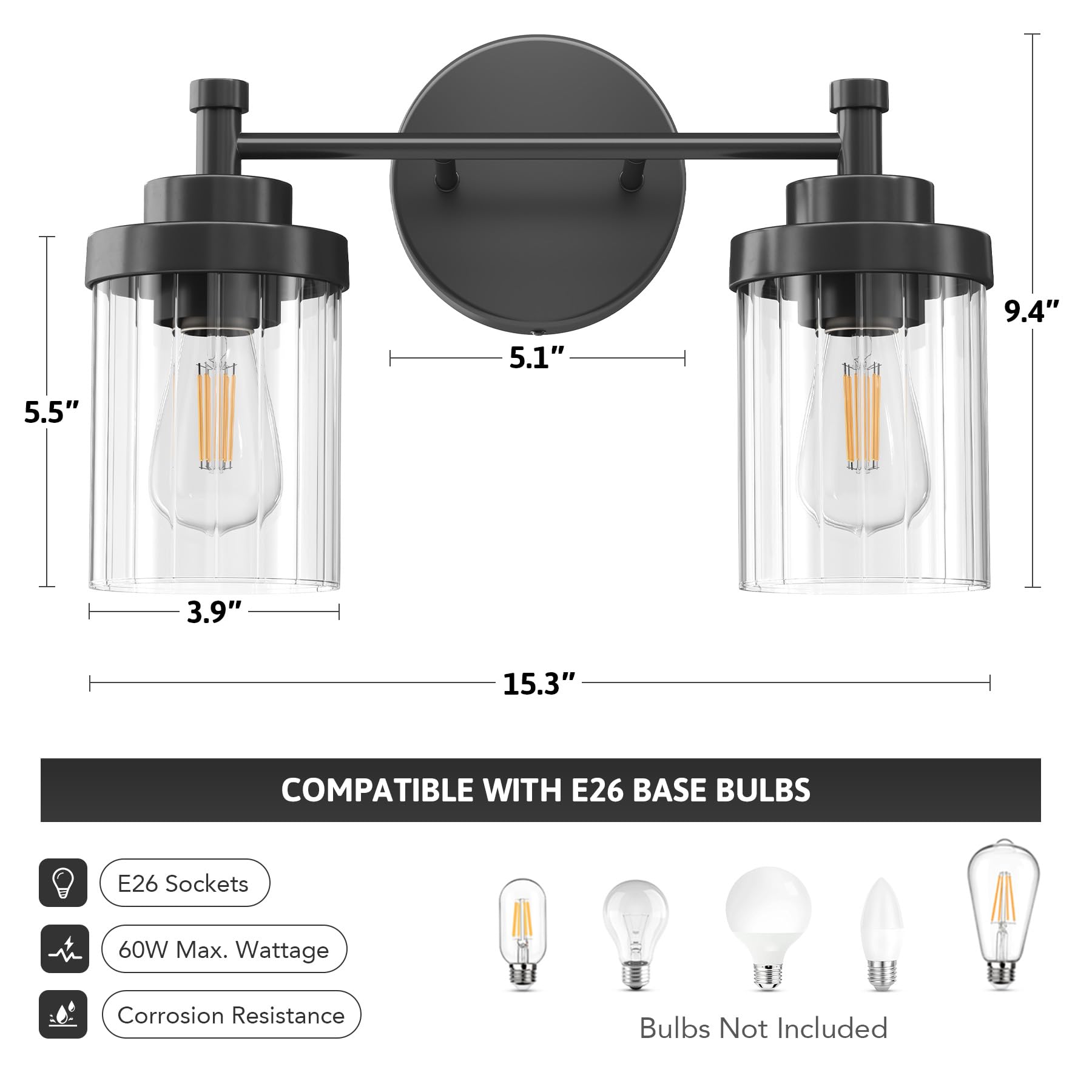 Black Bathroom Vanity Lights 2-Light Over Mirror with Glass Shades for Modern Bathrooms