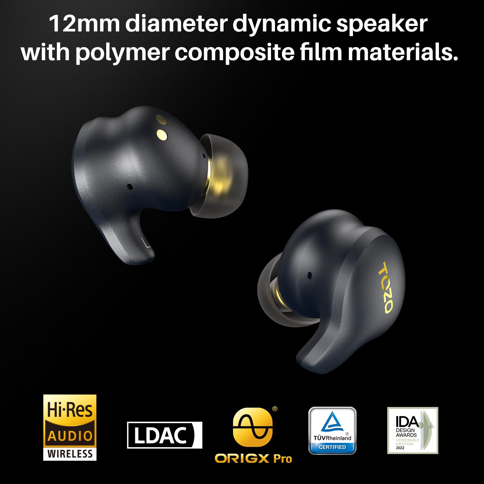 TOZO Golden X1 Wireless Earbuds with Balanced Armature & Hybrid Dynamic Drivers - HiFi Sound, Bluetooth 5.3, IPX8 Waterproof, 45H Playtime - Perfect for Gym, Running, Travel & Work (Renewed)