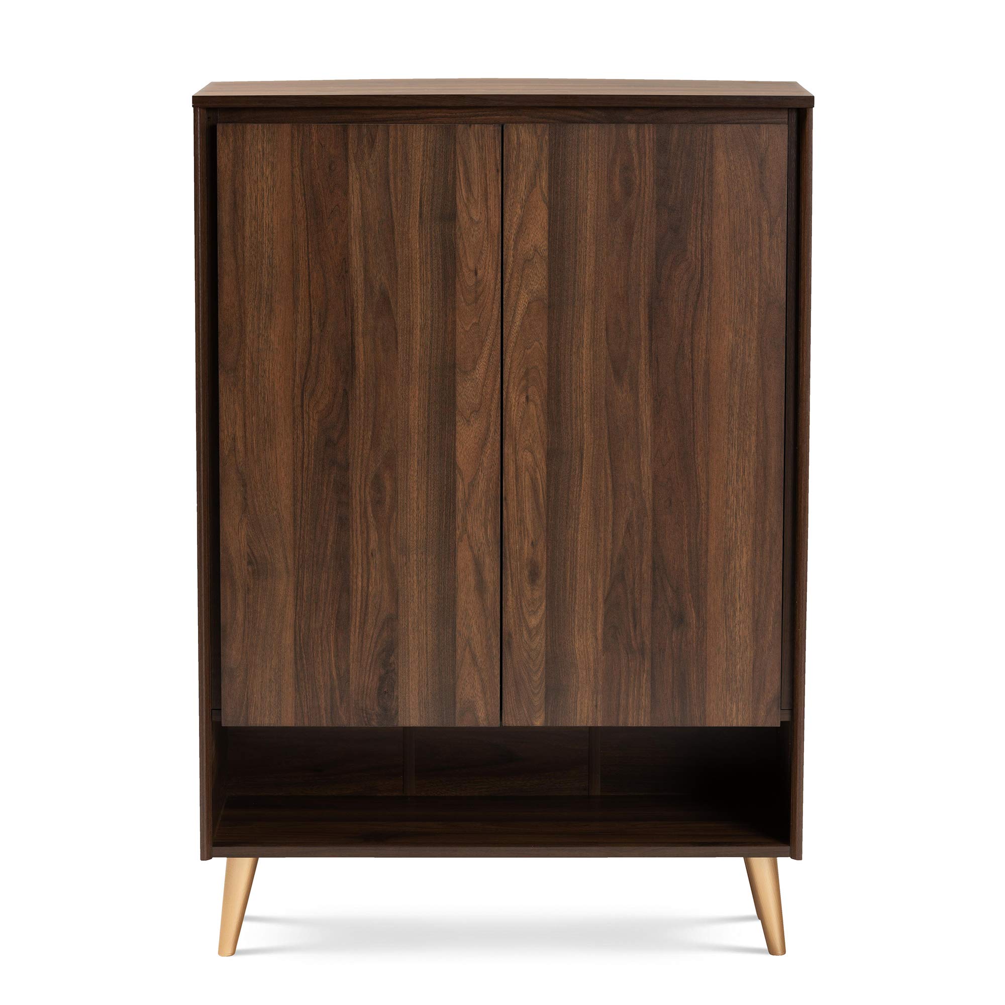 Baxton Studio Landen Mid-Century Modern Shoe Storage Cabinet - 2-Door Entryway Organizer in Walnut Brown & Gold Finish | Perfect for Small Spaces, Hallways & Closets