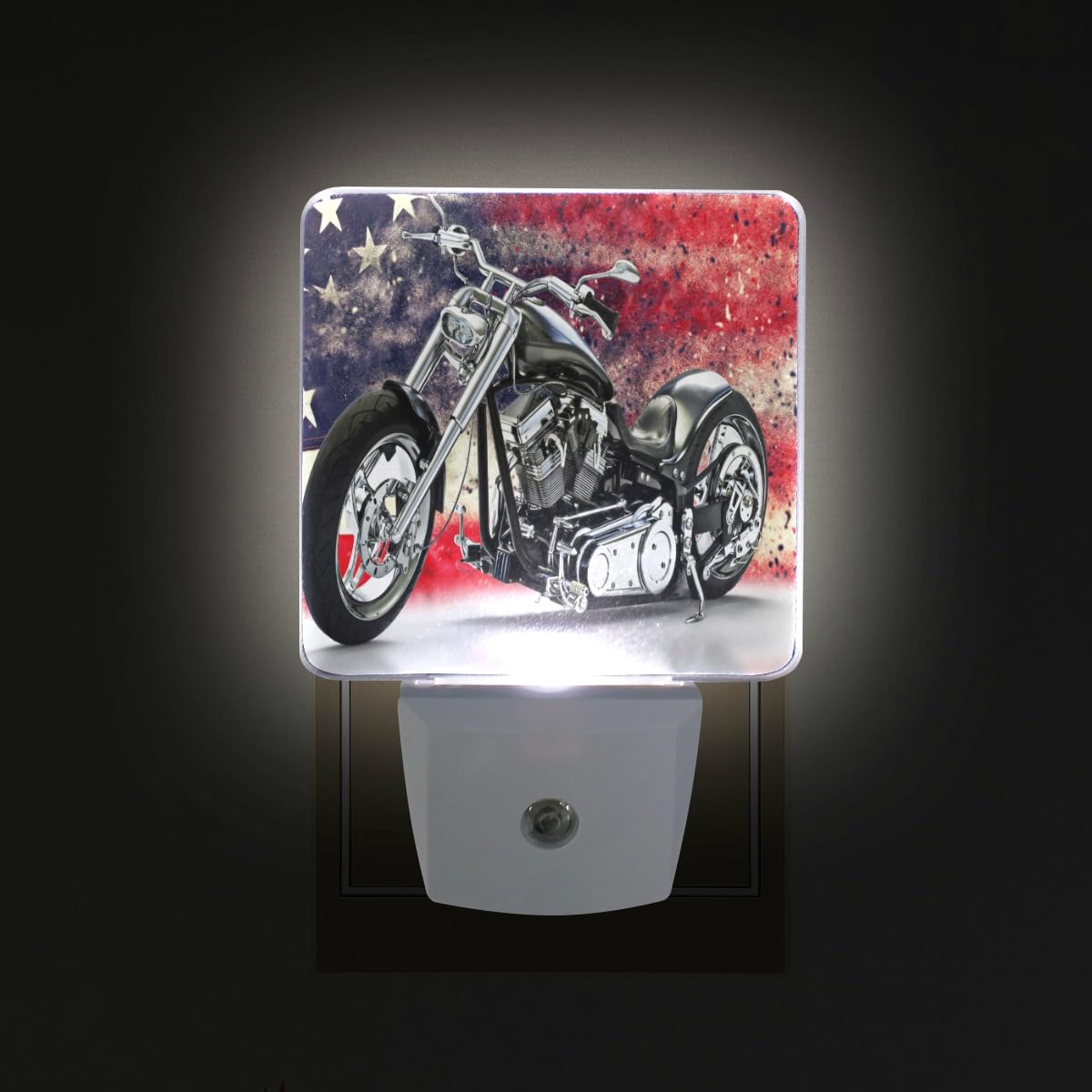 American Flag Black Motorcycle LED Night Light Set of 2 - Auto Dusk-to-Dawn Sensor Plug-in Nightlights for Bedroom, Bathroom & Home Decor | Perfect for Patriotic Themed Rooms, Man Caves & Motorcycle Enthusiasts