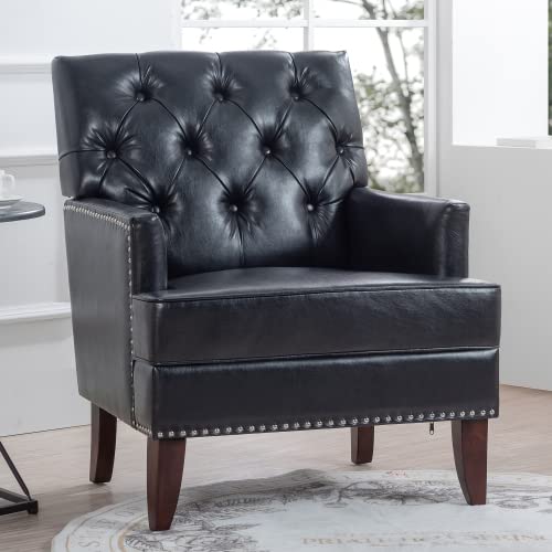 Modern Upholstered Accent Chair - PU Faux Leather Club Chair with Button Tufted Design & Wooden Legs, Comfortable Single Sofa Armchair for Living Room, Bedroom or Small Spaces (Black) - Perfect for Reading Nooks, Home Offices and Cozy Corners