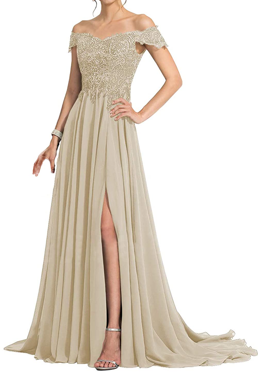Elegant Off Shoulder Mother of The Bride Dress - Long Chiffon Lace Formal Evening Gown with Side Slit for Wedding, Prom & Special Occasions