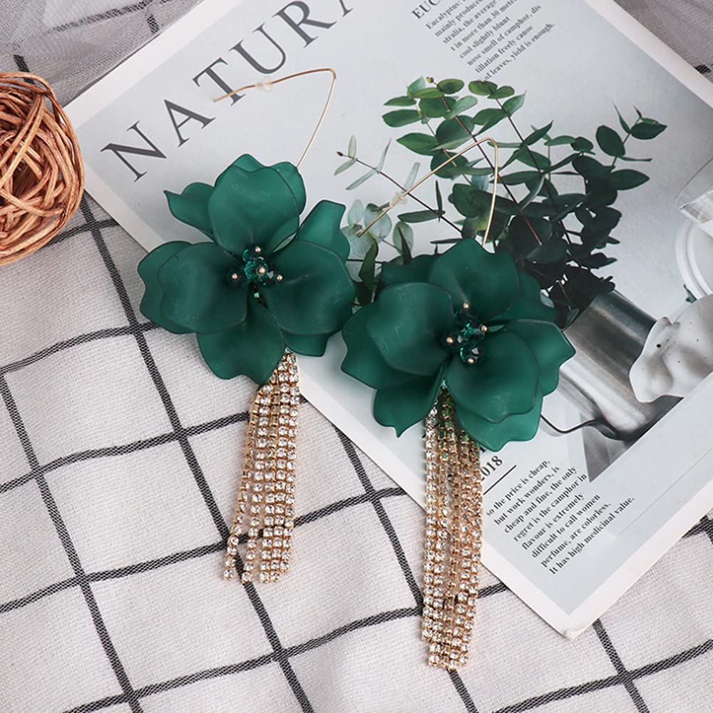 Boho Floral Drop Earrings for Women - Gold Rhinestone Tassel Chain Fringe Acrylic Resin Dangle Earrings - Crystal Statement Bridal Hoop Jewelry for Wedding, Party & Special Occasions (Green)
