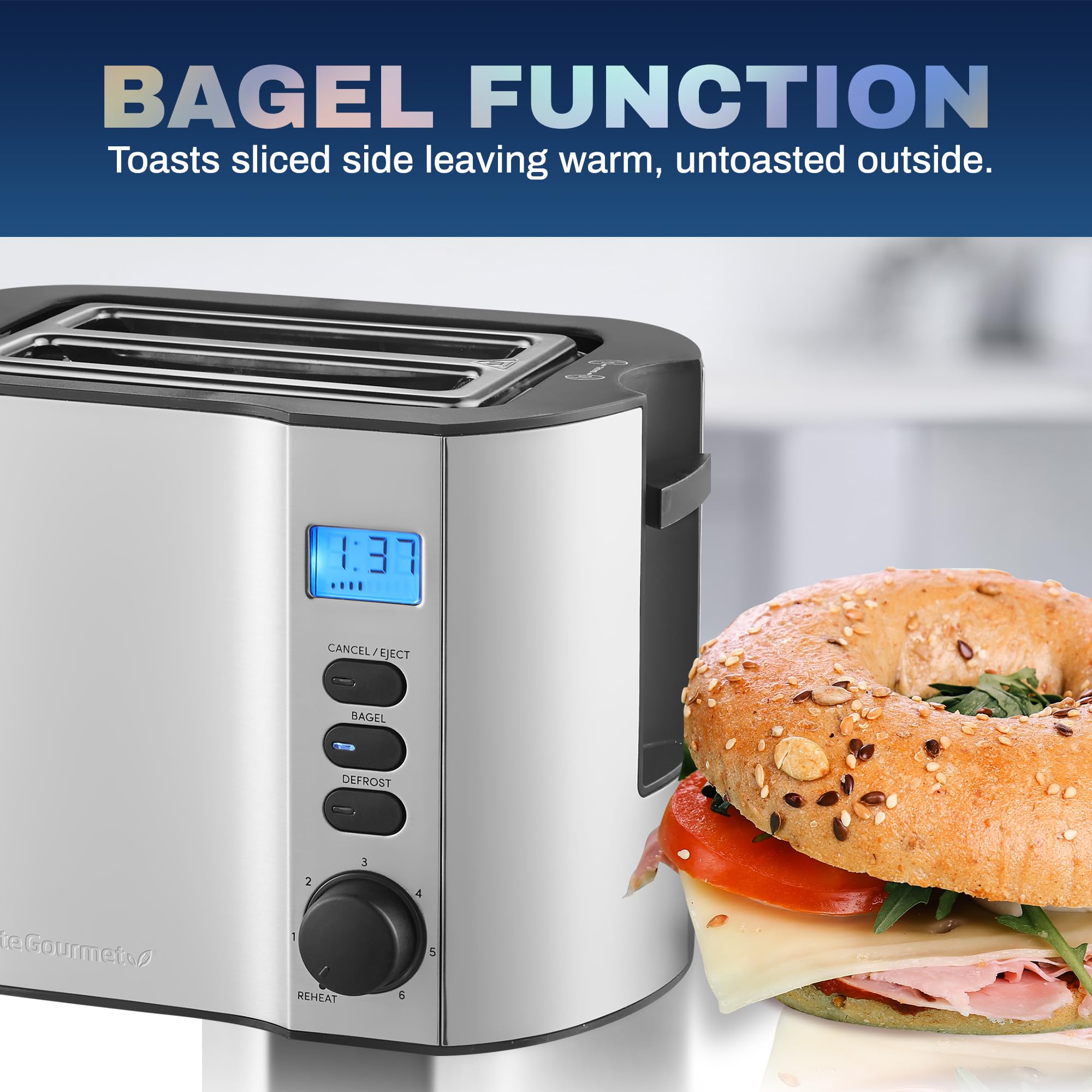 Elite Gourmet ECT2145 2-Slice Toaster with Extra Wide Slots - Bagel, Reheat, Defrost & Cancel Functions - 6 Browning Settings - Built-in Warming Rack & Countdown Timer - Stainless Steel Design - Perfect for Breakfast, Brunch & Quick Snacks