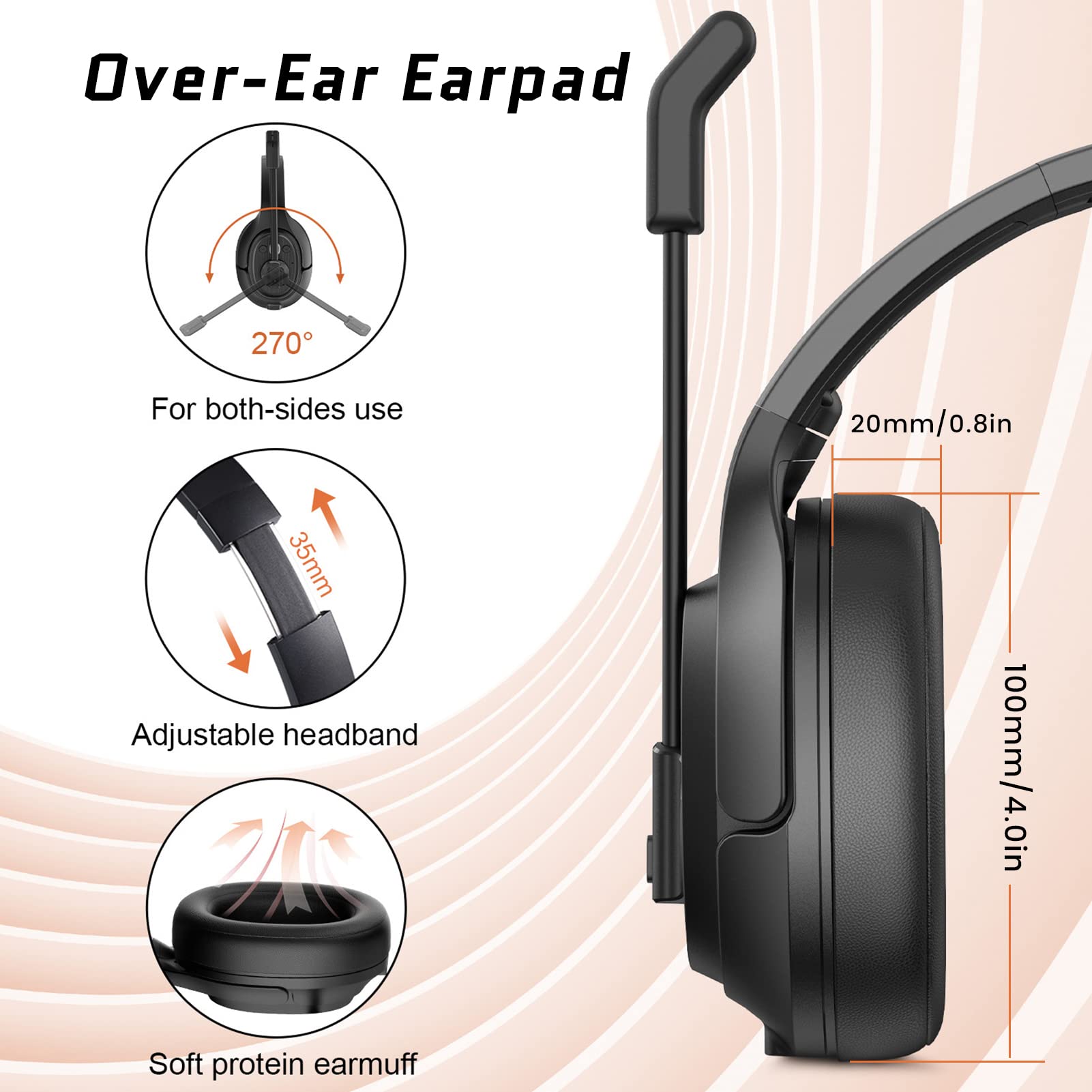 EKSA AI-Powered ENC Noise Cancelling Bluetooth Headset with Microphone - Wireless Trucker Headphones, 99ft Range, 30H Talk Time, Mute Button, All-Day Comfort for Driving, Gaming & Remote Work
