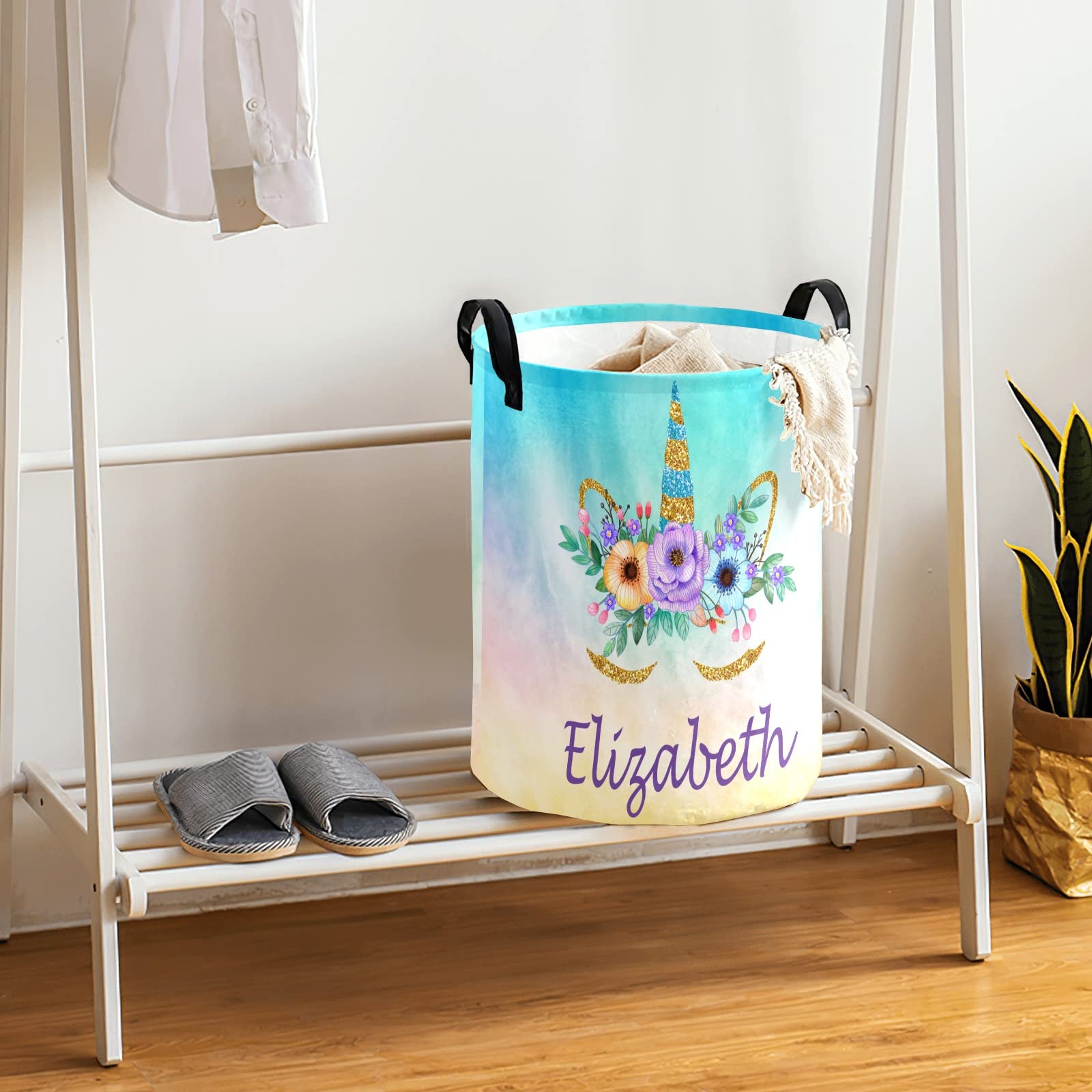 Personalized Collapsible Laundry Hamper Basket with Handle - Rainbow Unicorn Design for Clothes Storage | Perfect for Bathroom, Bedroom & Living Room Organization