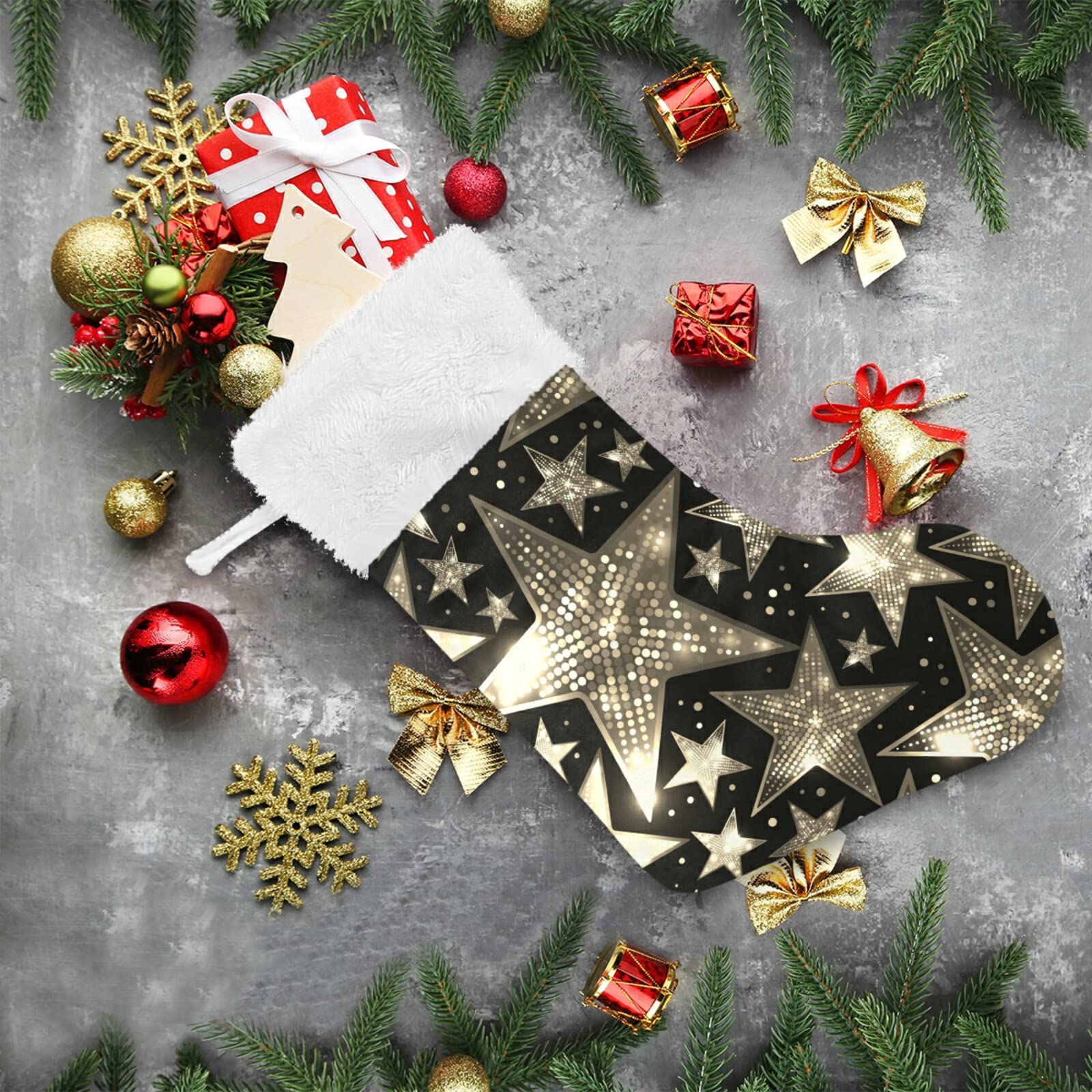 2 Pack Silver White Sparkling Star Sequins Christmas Stockings - Large 18x8 Inch Burlap Plush Faux Fur Cuff Stocking for Fireplace, Bed, Stairs, Xmas Tree Decor - Perfect for Holiday Parties & Festive Home Decor