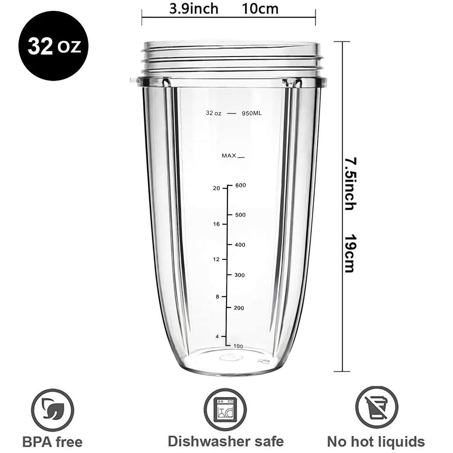 Nutribullet Blender Replacement Parts - 32OZ Cup with Flip Top Lid, Screw-Off Lip Ring & Premium Extractor Blade - Compatible with Nutribullet 600W 900W Blenders (5-Piece Set) - Perfect for Smoothies, Protein Shakes & Meal Prep at Home or On-The-Go