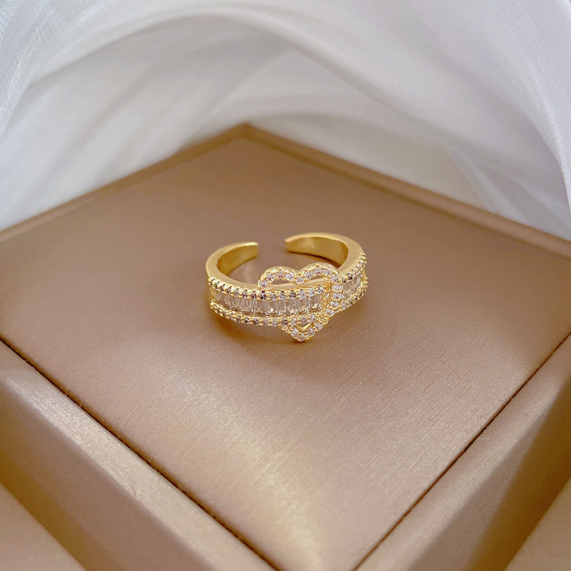 Wide Band Zircon Gold Heart Ring for Women | Elegant 925 Sterling Silver Jewelry Gift for Valentine's Day, Anniversary & Special Occasions | A8546