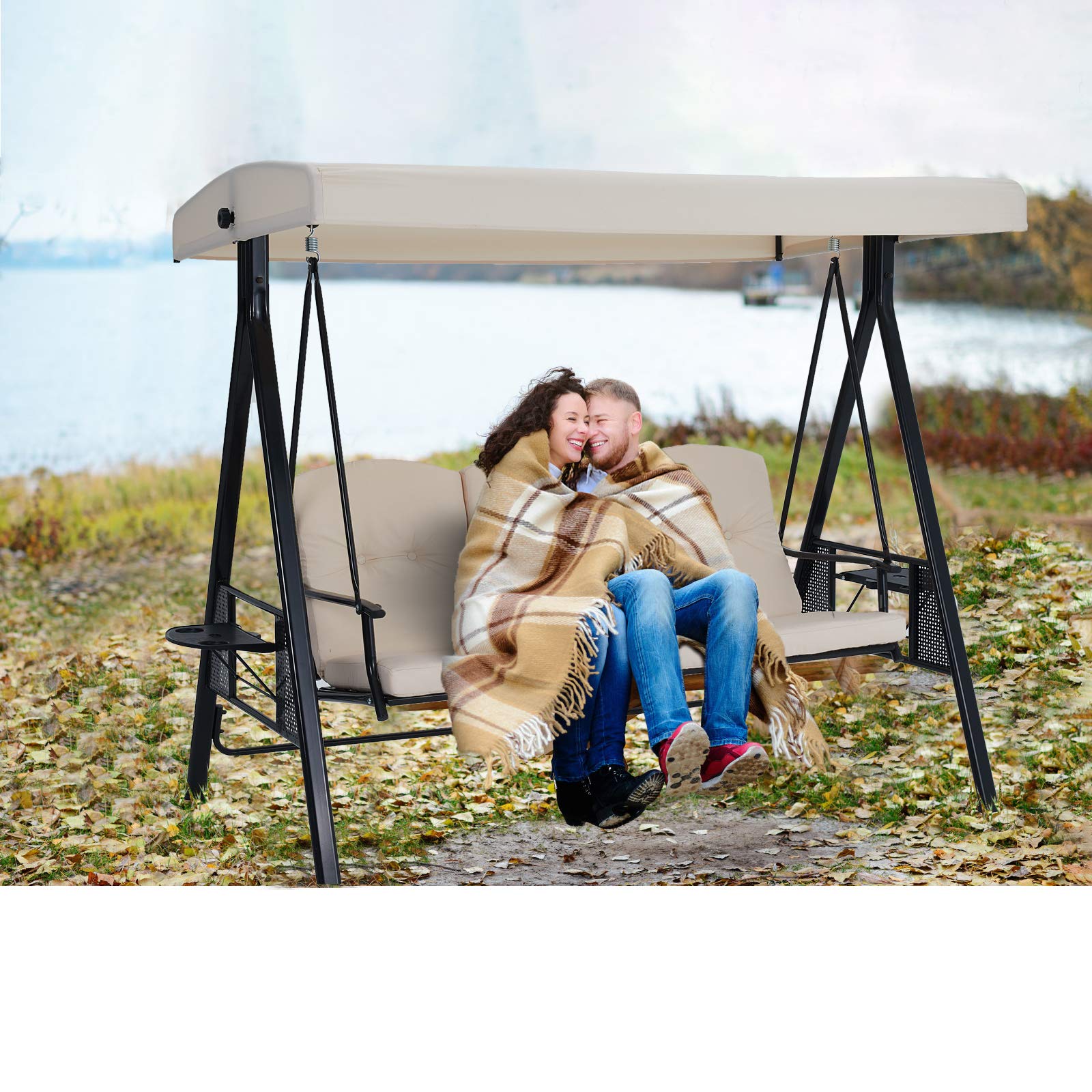 U-MAX 3-Seat Outdoor Patio Swing Chair with Canopy - Weather Resistant Steel Frame, Cup Holders & Cushions - Adjustable Tilt Canopy in Beige - Perfect for Backyard, Garden, Porch or Deck Relaxation