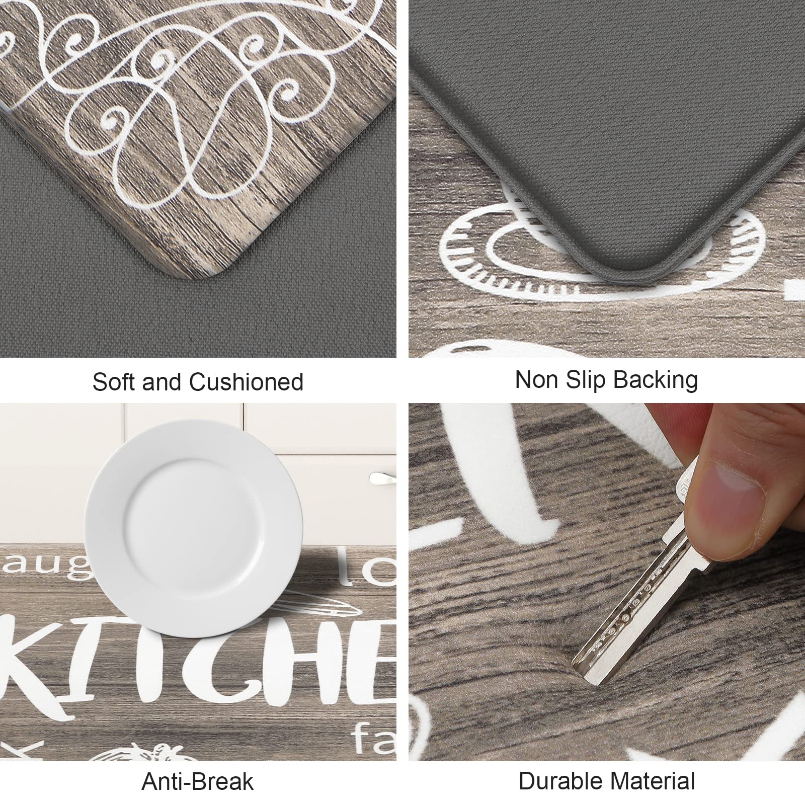 HEBE Anti-Fatigue Kitchen Rug Set of 2 - Non-Slip Cushioned Floor Mats, Waterproof Comfort for Sink & Laundry Room - Farmhouse Style Chef Mats for Standing Support (Brown) | Perfect for Cooking, Dishwashing & Long Hours in Kitchen