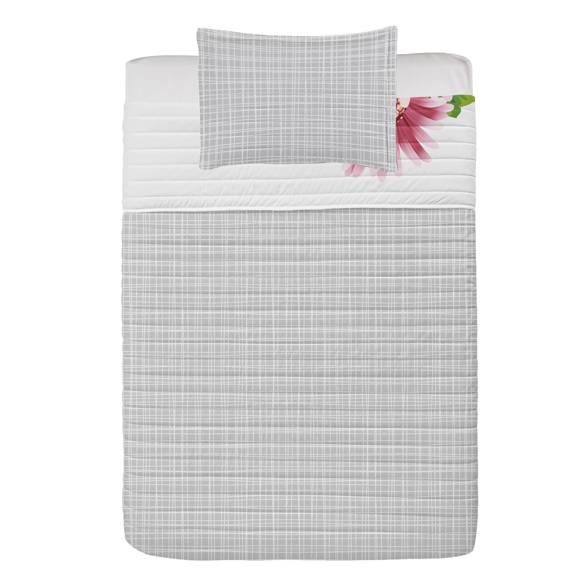 Ambesonne Reversible Twin Size Bedspread Set with Letter G Design - Blossoming Gerbera Flower & Spring Inspired Font - Includes Comforter & Pillow Shams - Soft Microfiber Bedding in Pink, Green & Black - Perfect for Spring Decor, Kids Room or Gift Idea