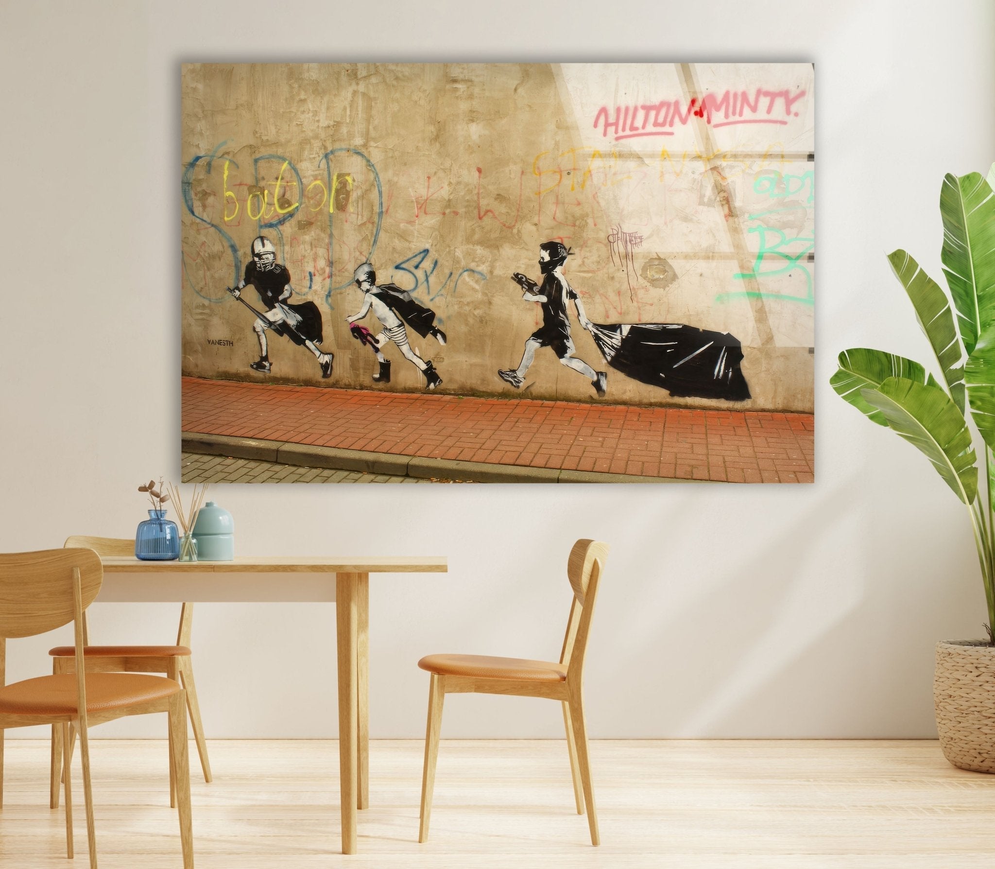Banksy Boys Heroes Glass Wall Art - Modern Street Art Decor for Living Room, Bedroom & Office - Unique Gift for Art Lovers