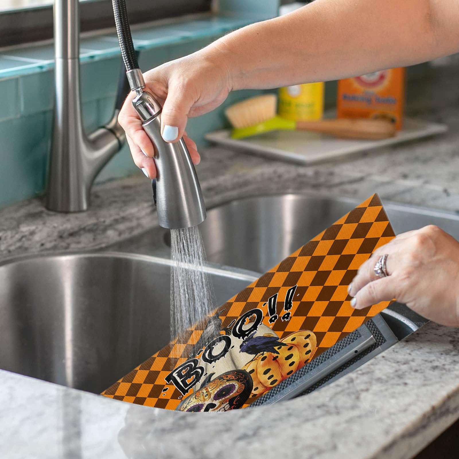Halloween Placemats Set of 4 - Washable PVC Table Mats for Dining & Kitchen, Woven Vinyl Plastic Placemats with Bohemian Pumpkin Crow Skull Design - Perfect for Holiday Decor, Dinner Parties & Fall Table Settings