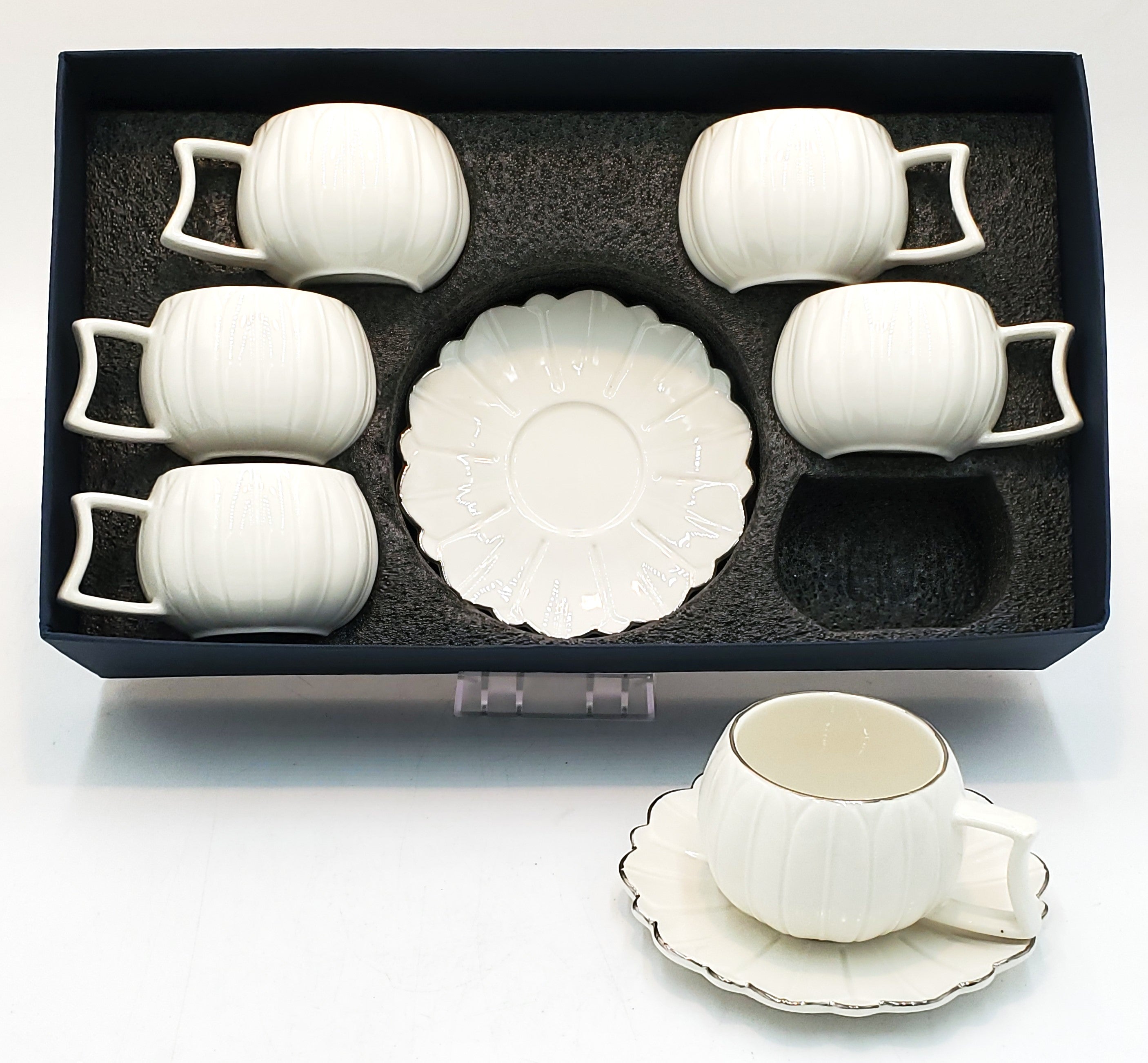 6-Piece Elegant Silver Rim Tea Set - Perfect for Afternoon Tea, Bridal Showers & Gifts - Porcelain Tea Cups with Saucers & Teapot