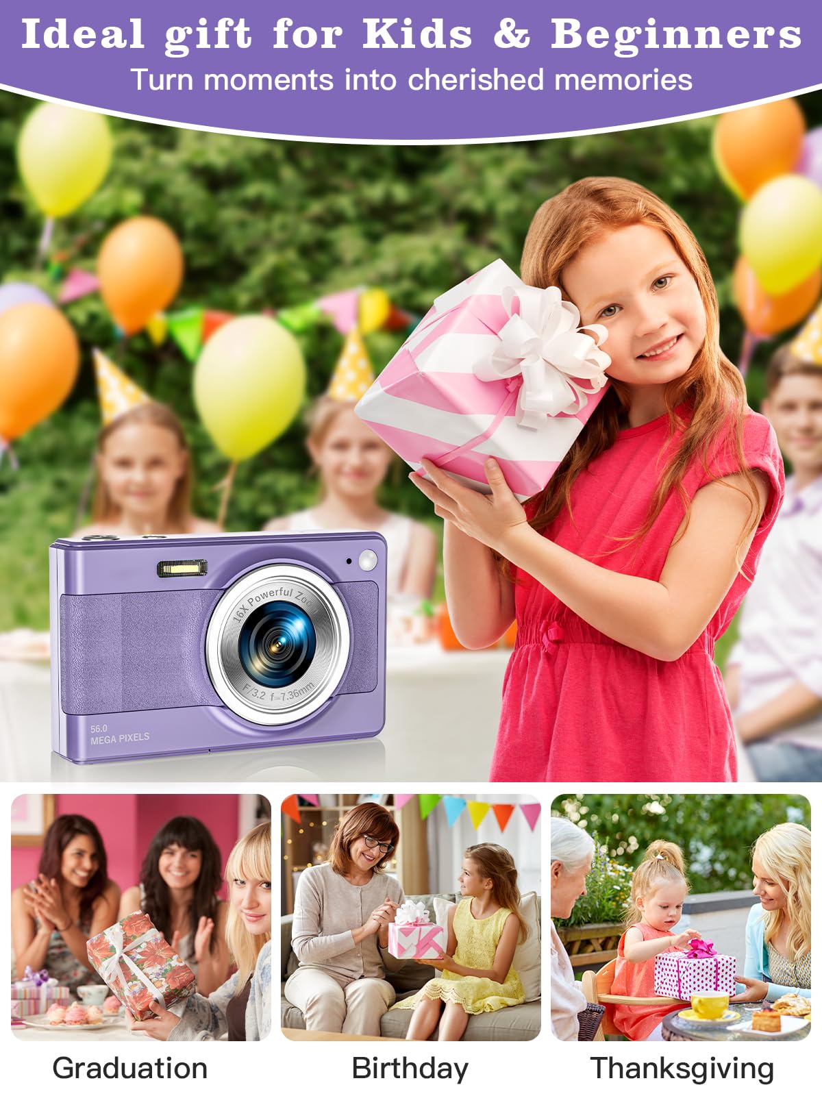 56MP FHD 1080P Kids Digital Camera with 16x Zoom & Anti-Shake | 32GB TF Card, 2 Batteries & Lanyard Included | Compact Purple Camera for Boys & Girls | Perfect for Travel, Birthday Gifts & First Photography Experience