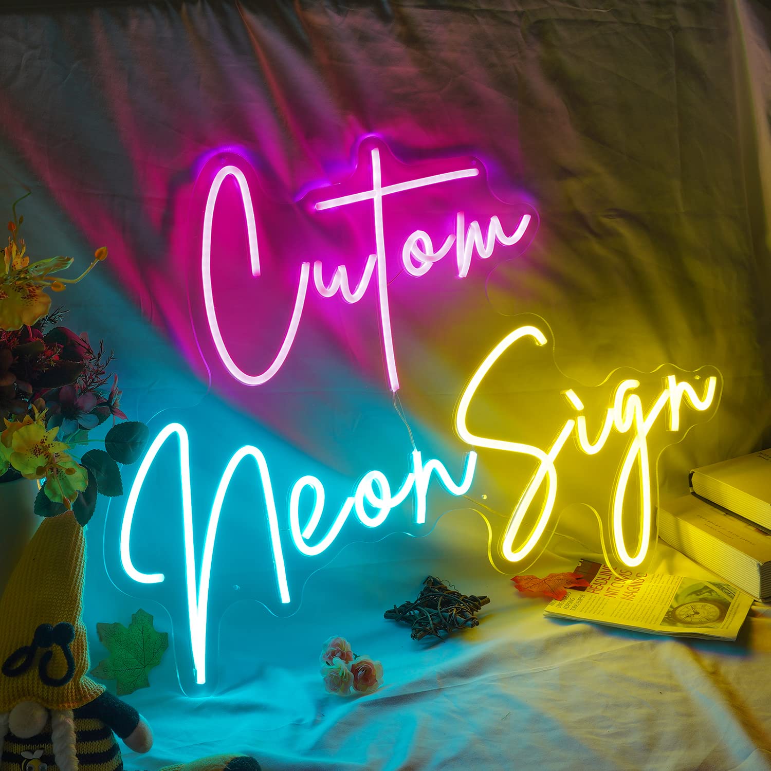 Custom LED Neon Signs for Wall Decor - Personalized Wedding, Birthday, Party, Bedroom, Bar, Office, Salon & Shop Neon Lights (3 Line Text/20
