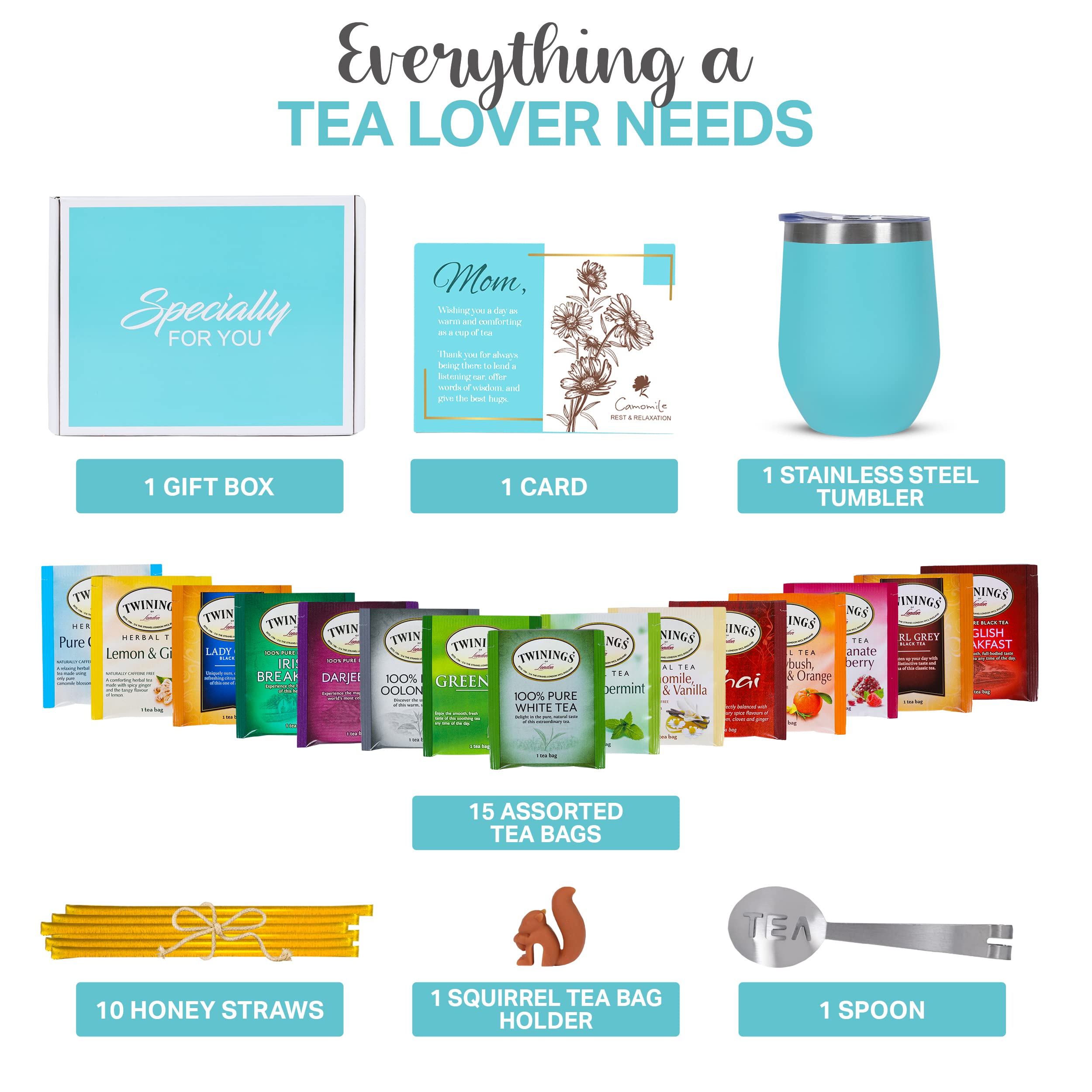 Premium Tea Gift Set for Women & Men - 15 Unique Teas, Stainless Tumbler, 10 Honey Straws, Elegant Gift Box with Mom Card (Teal) - Perfect for Holidays, Birthdays, and Relaxing Moments