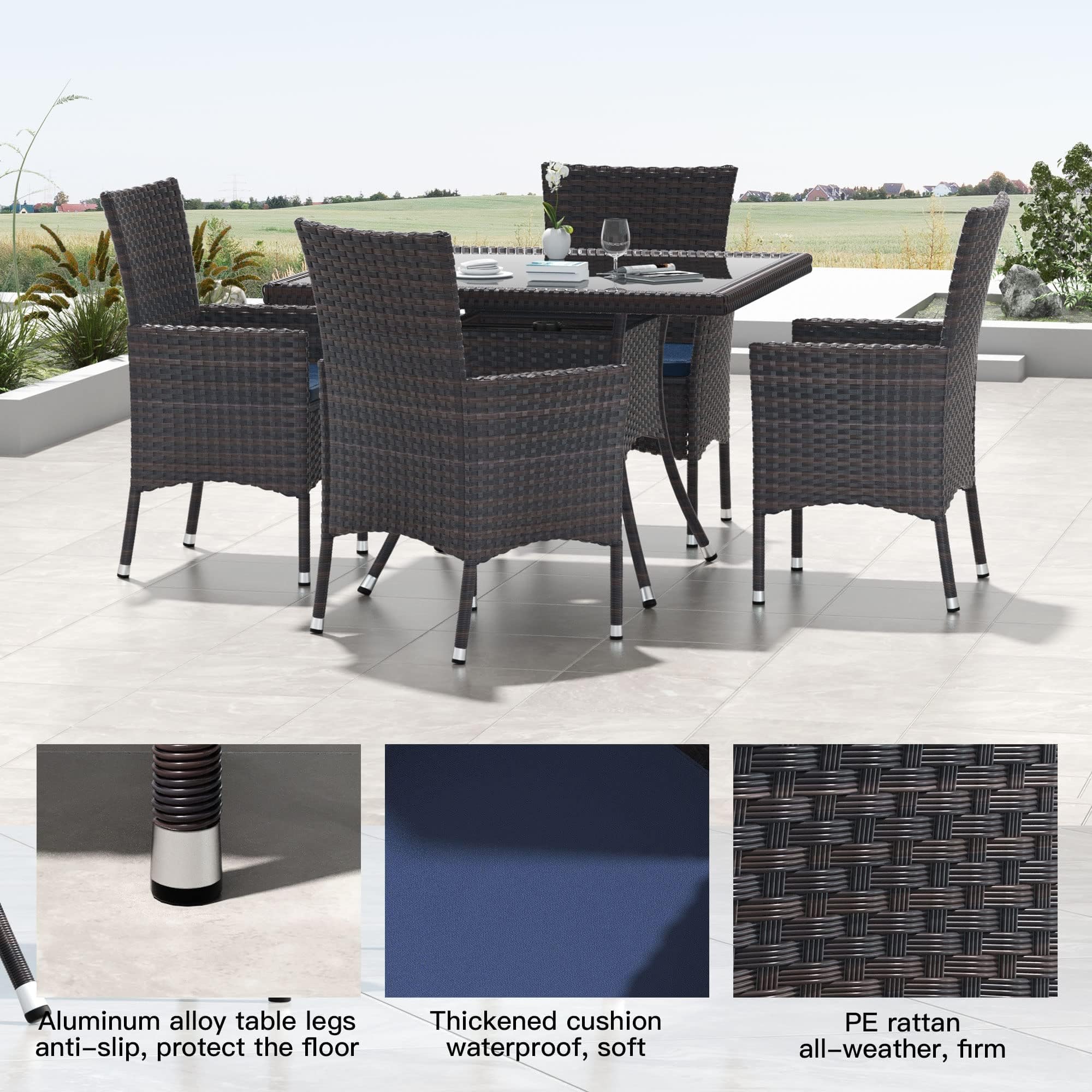 Kullavik 5-Piece Outdoor Dining Set - Navy Blue Rattan Patio Furniture with Square Glass Table & 4 Cushioned Chairs, Umbrella Hole - Perfect for Backyard, Garden, Poolside & Outdoor Entertaining