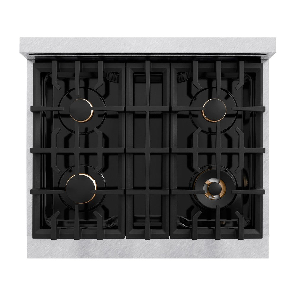 ZLINE Autograph Edition 30-inch 4.2 cu. ft. Classic Gas Range with 4 Burner Cooktop & Convection Gas Oven - Satin Stainless Steel with Champagne Bronze Accents (CGRSZ 30 CB) | Perfect for Home Kitchens & Professional Cooking