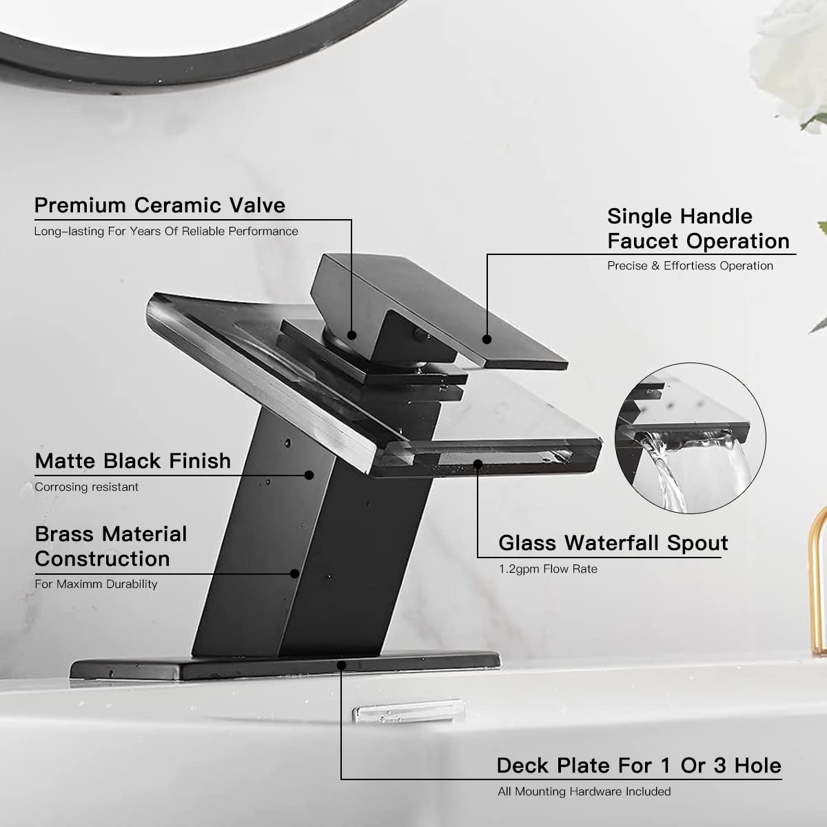 Black Waterfall Bathroom Faucet - Single Handle Deck Mount Sink Tap for Vanity & Commercial Use
