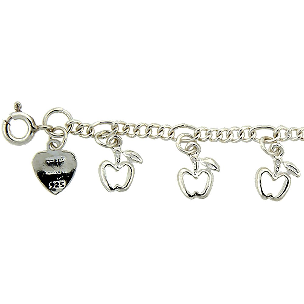 Sterling Silver Dangling Apple Anklet for Women - 14mm Drop Charm Adjustable 9-10 Inch Ankle Chain - Perfect for Summer Outfits, Beach Vacations & Boho Style Accessories