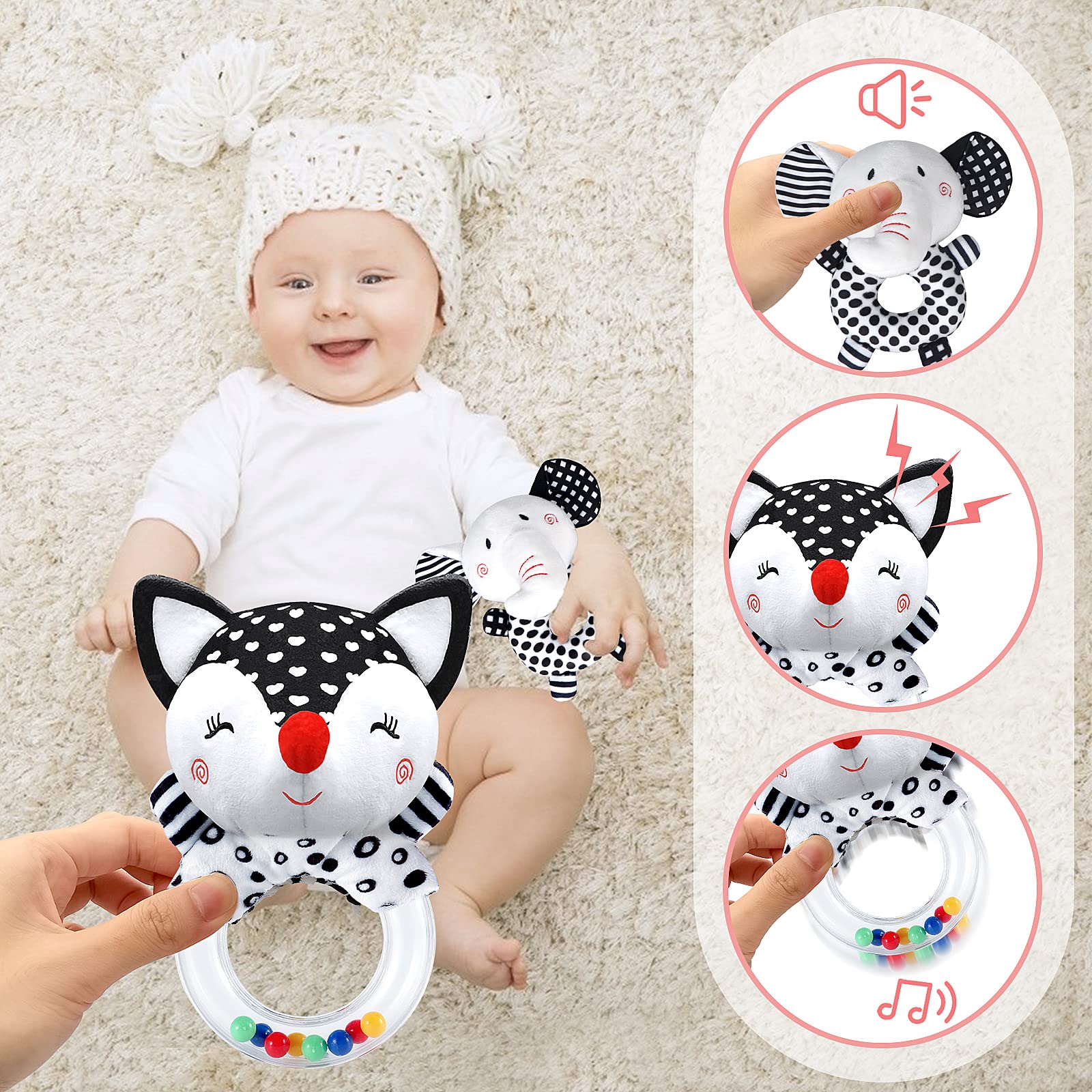 High Contrast Black & White Baby Rattles 0-12 Months - Newborn Sensory Toys for 0-3 6 9 12 Month Old Boys & Girls - Perfect for Early Visual Development & Tummy Time Play