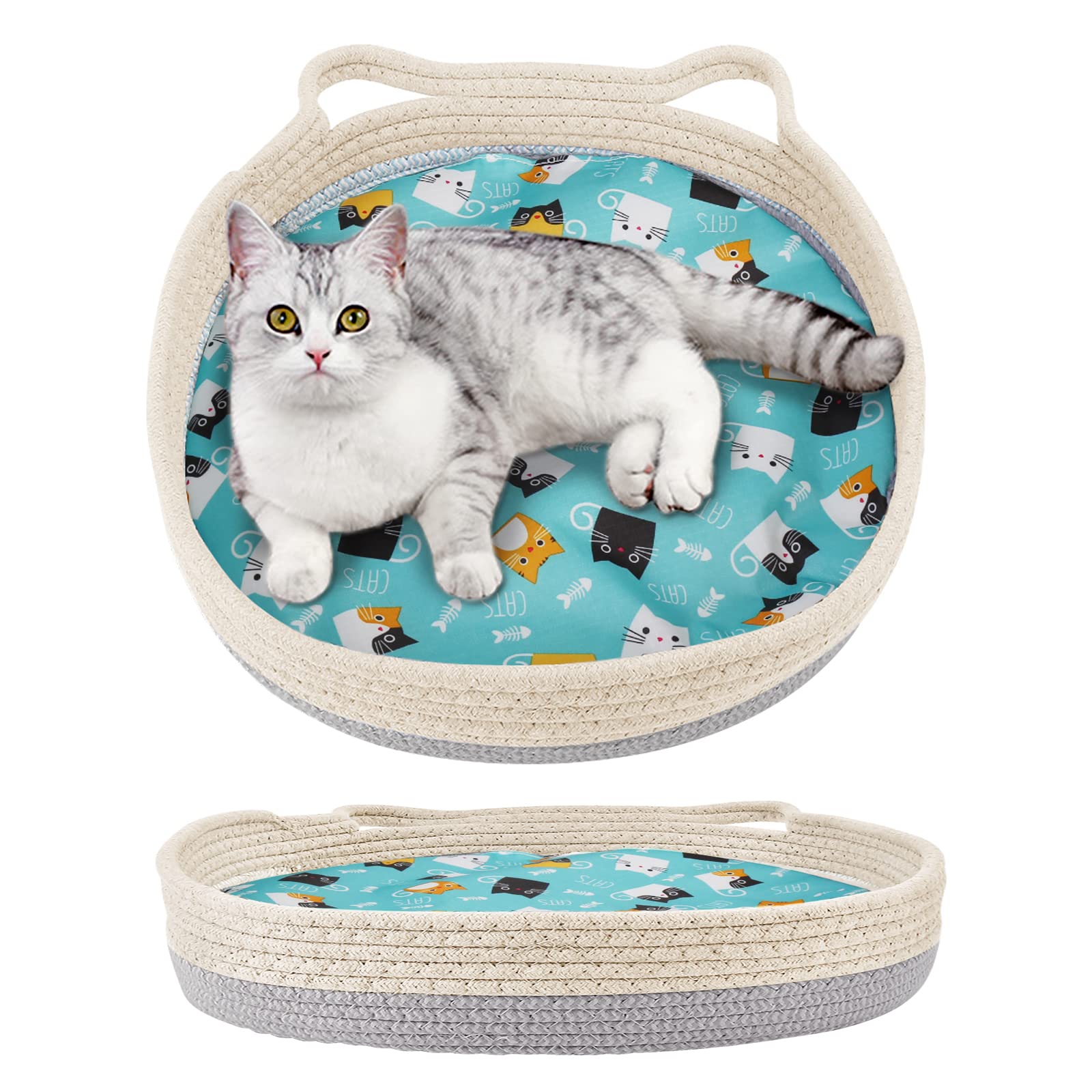 Round Wicker Cat Bed for Indoor Cats - Cooling Donut Pet Nest for Summer Sleeping, Washable Beige Grey Cat Basket with Scratching Pad - Perfect for Cozy Napping & Playtime in Living Rooms & Bedrooms