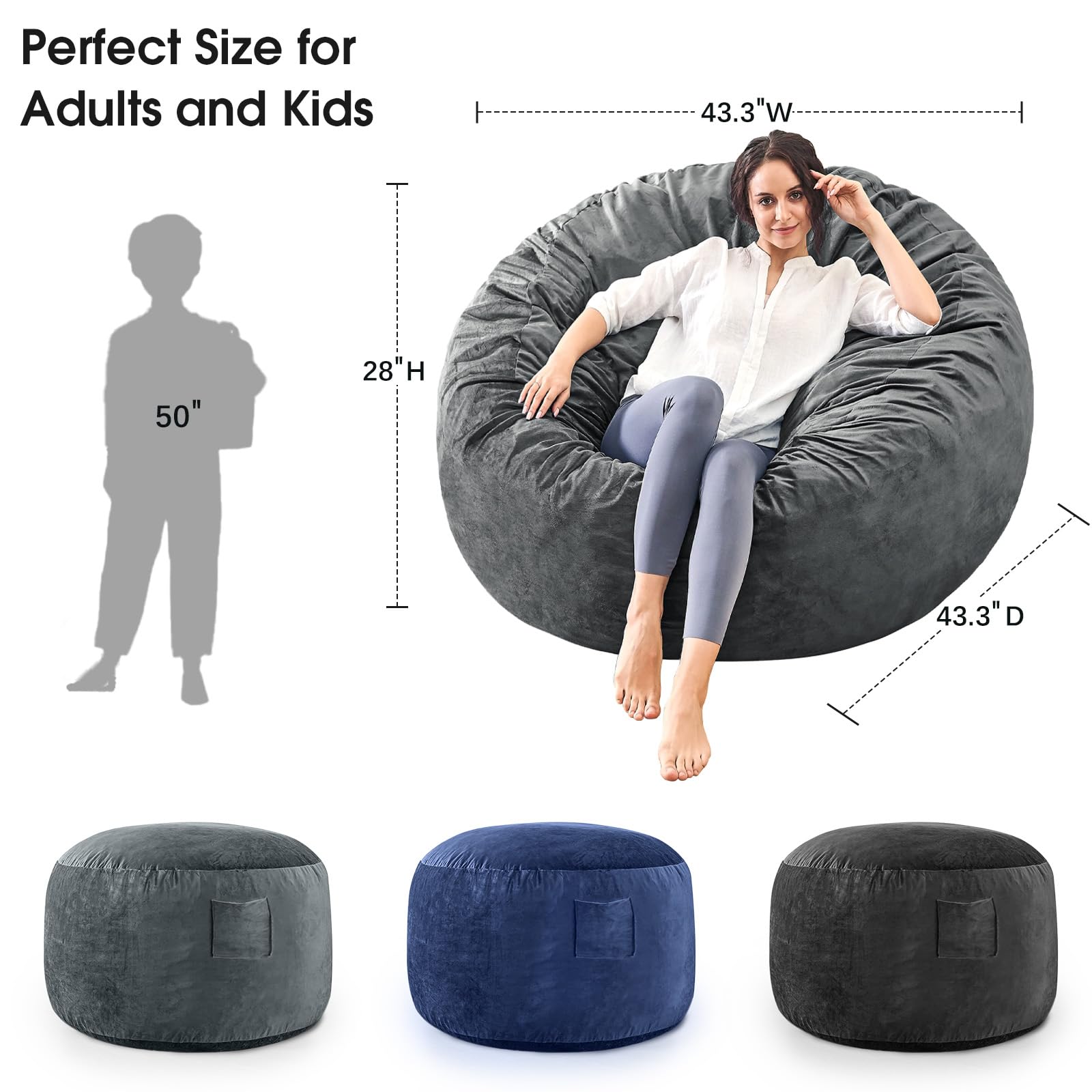 Giant Convertible Bean Bag Chair & Bed for Adults - Ultra Soft Microfiber Cover with Premium Furniture Foam Filler - Charcoal Floor Couch Sofa for Bedroom, Dorm Room & Lounge - Perfect for Relaxing, Gaming & Movie Nights