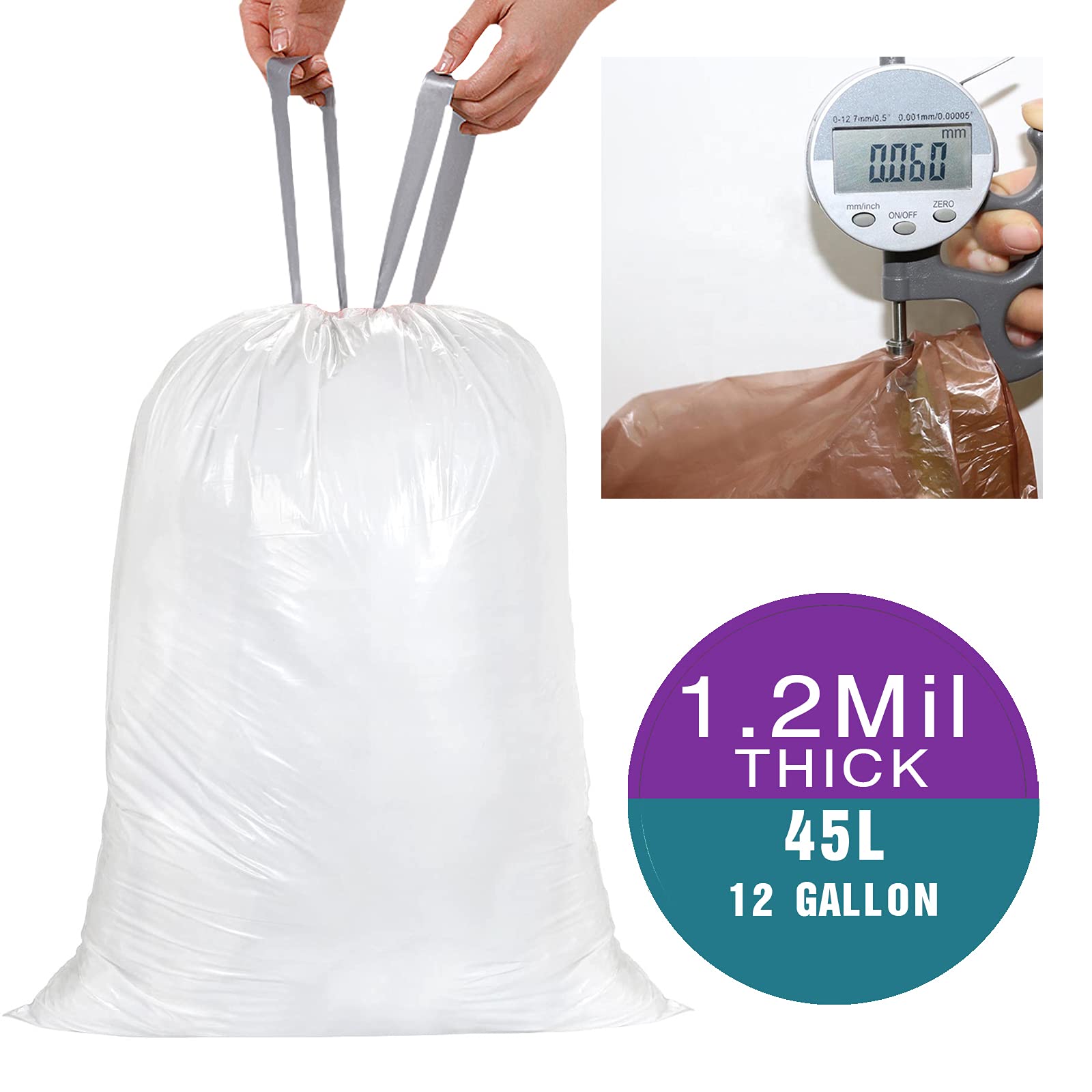 Code M (50 Count) 12 Gallon Heavy Duty Drawstring Plastic Trash Bags - 1.2 Mil Thick White Garbage Liners for simplehuman Code M Trash Cans | 45 Liter | Perfect for Kitchen, Bathroom & Office Waste Disposal