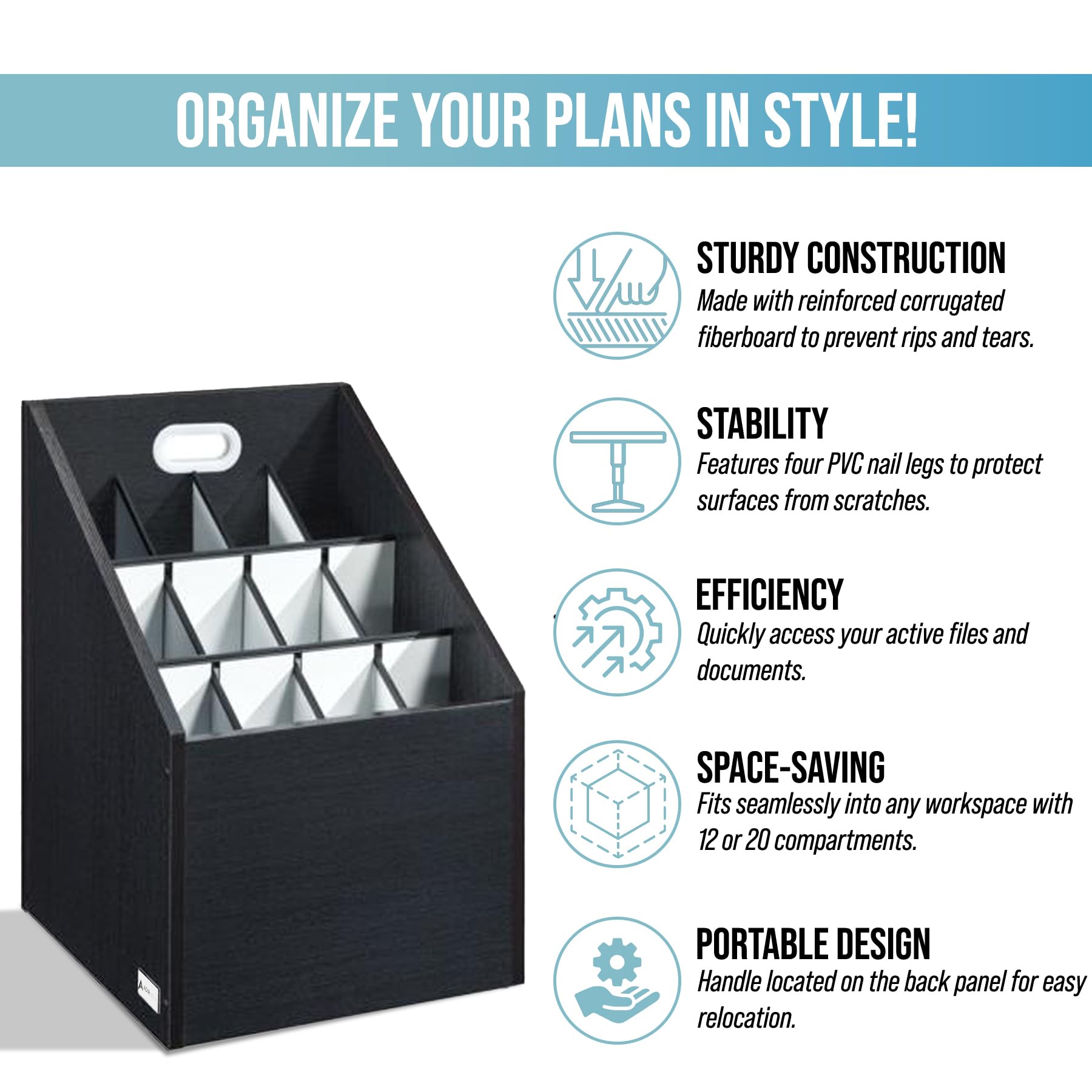 Adir Wooden Blueprint Storage Organizer Cart - Black Plan & Blueprint Holder, Poster & Map Cabinet for Architects, Engineers & Construction Professionals | Perfect for Office, Studio & Job Site Organization