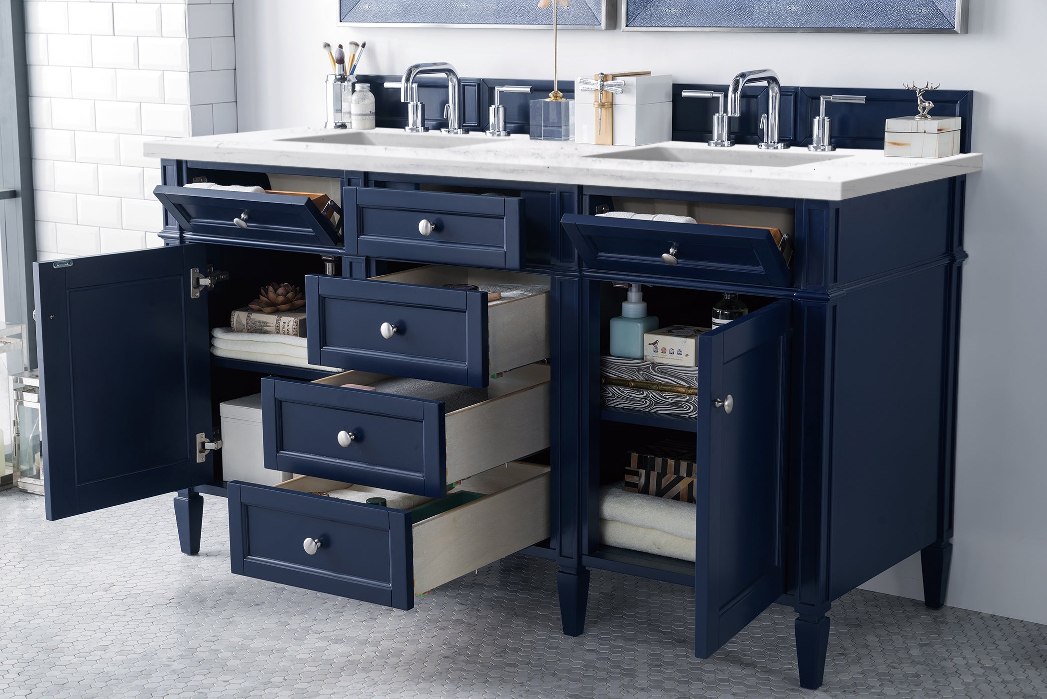 Brittany 60-Inch Victory Blue Double Vanity with 3CM Arctic Fall Solid Surface Top - Perfect for Master Bathroom Renovation & Modern Home Decor