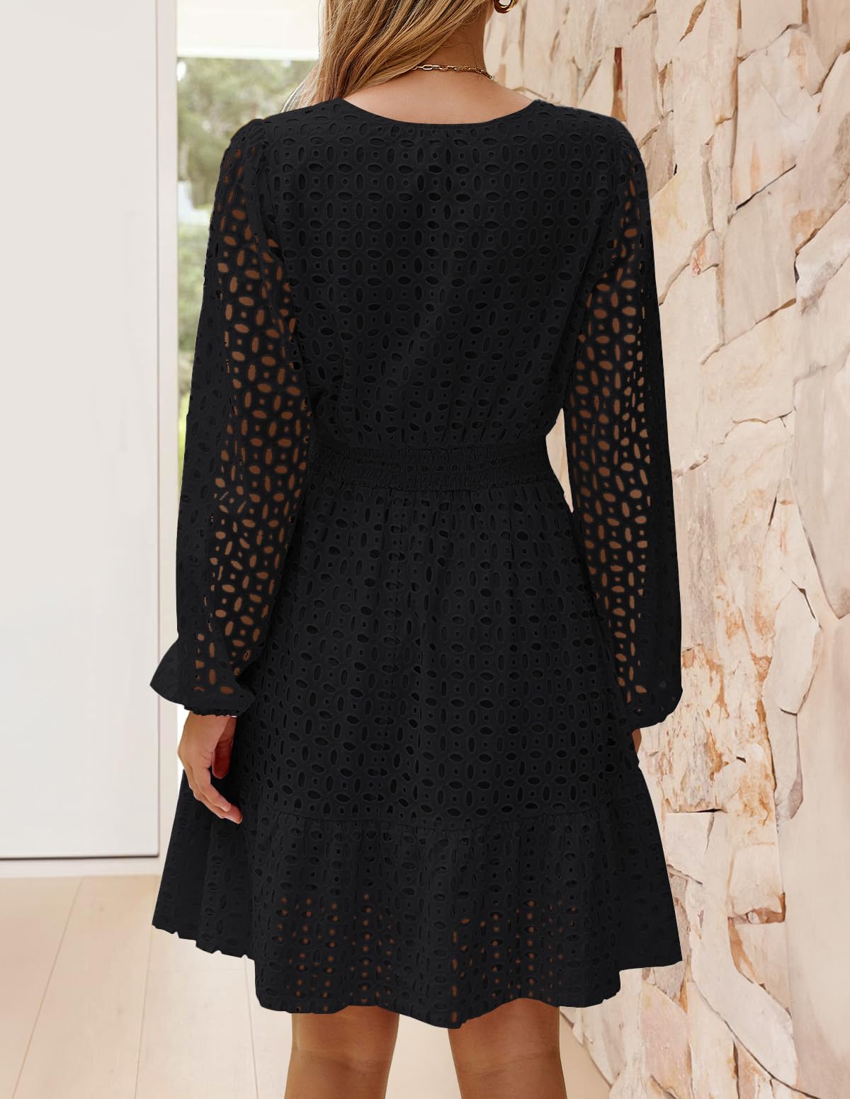 ZESICA Women's 2025 Long Sleeve Mini Dress - Floral Embroidery V-Neck Ruffle Swing Dress with Eyelet Details | Perfect for Spring Weddings, Date Nights & Cocktail Parties