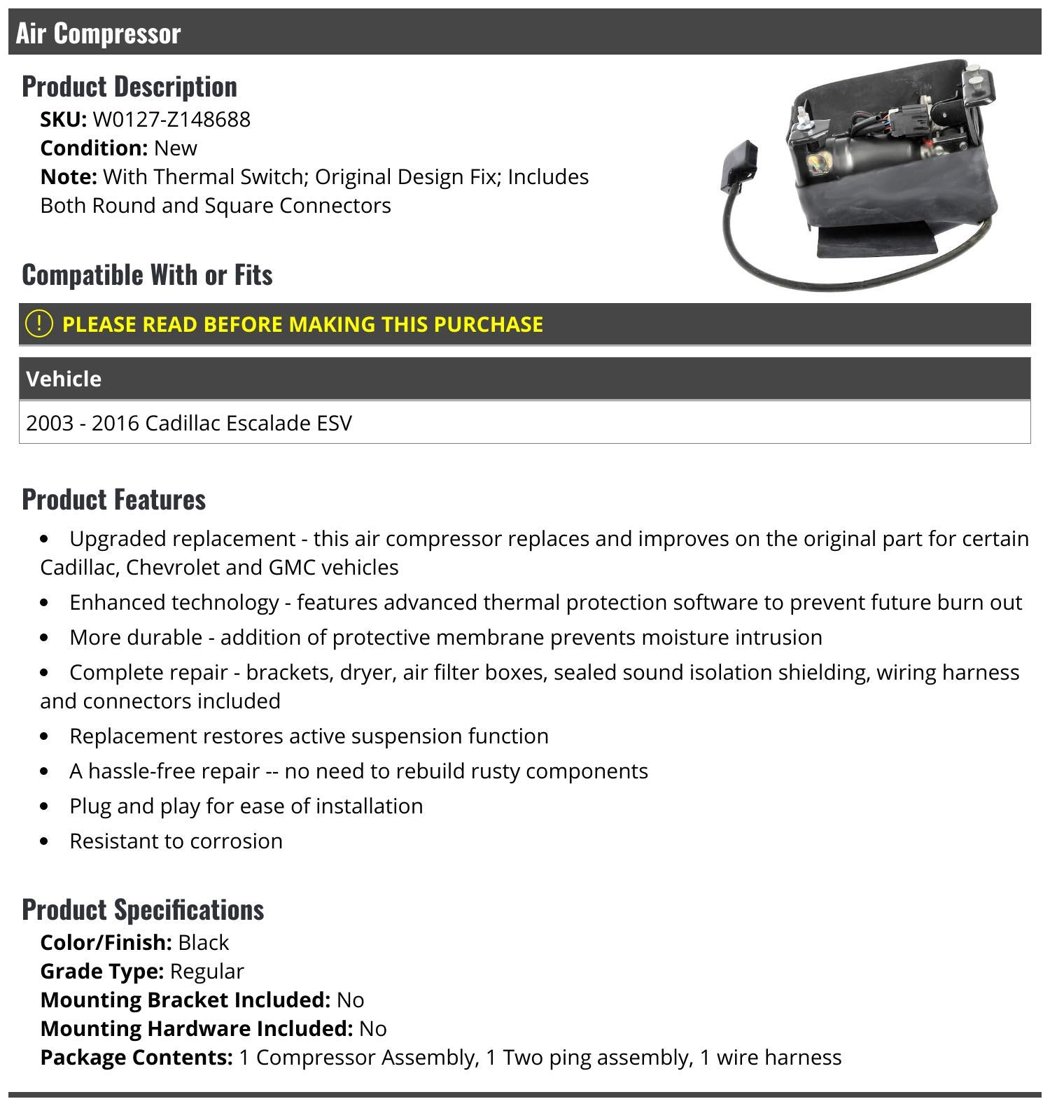 2003-2016 Cadillac Escalade ESV Air Compressor with Round & Square Connectors - Tire Inflation Kit for Roadside Emergencies & Off-Road Adventures