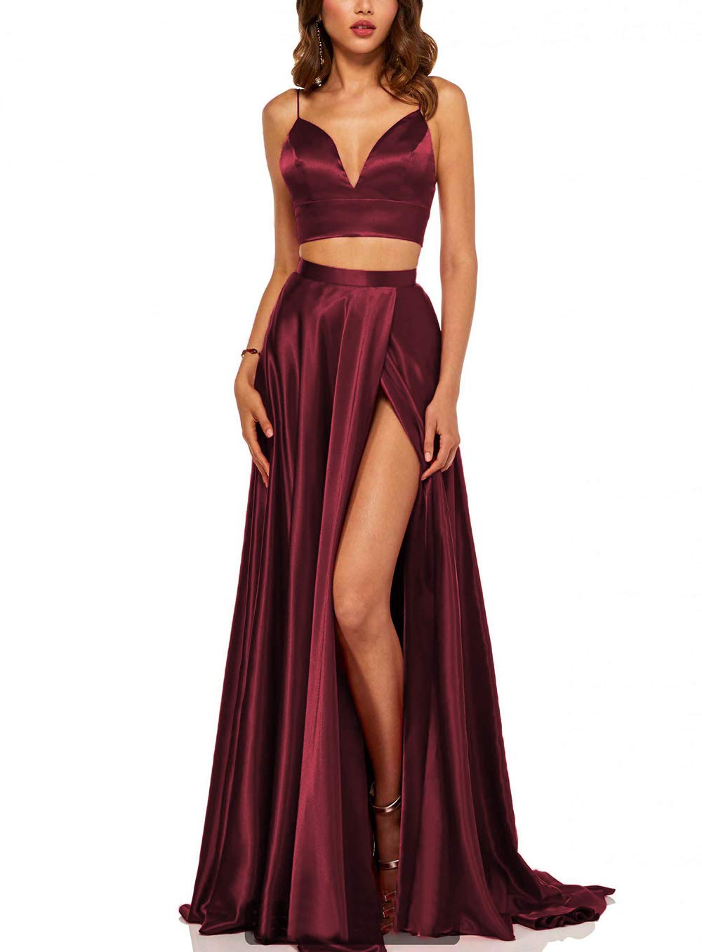 Elegant V-Neck Spaghetti Strap Two Piece Prom Dress with Slit Pockets & Bow Tie Back - Long Evening Party Gown for Homecoming, Prom Night & Formal Events (Style B062)