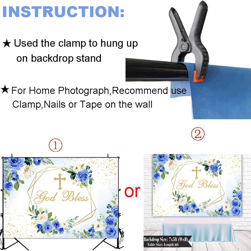 Premium Blue & Gold Floral Baptism Backdrop – God Bless First Holy Communion, Christening, Baby Shower Decor – 7x5ft Photography Banner for Church Events, Birthday Parties & Family Photo Shoots