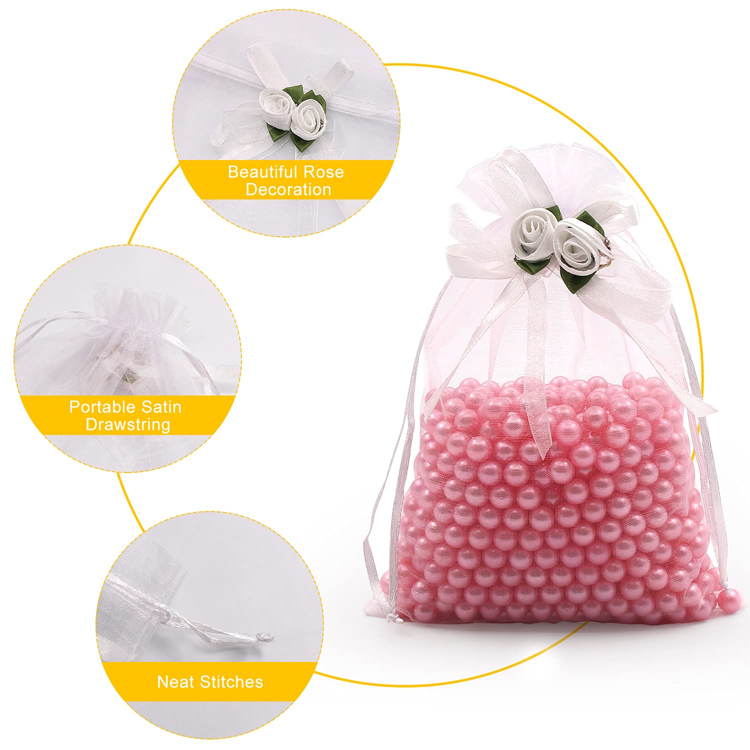 SumDirect 50Pcs 5x7 Inch White Rose Organza Drawstring Gift Bags - Elegant Wedding Favor Pouches for Jewelry, Party Favors, Christmas Gifts & Valentine's Day Presents | Perfect for Bridal Showers, Baby Showers and Special Occasions