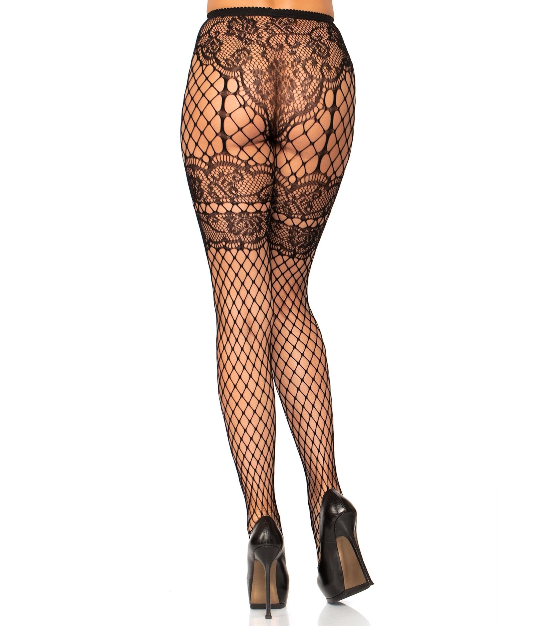 Leg Avenue Sheila Lace Faux Garter Fishnet Tights - Sexy Lingerie Stockings for Women, Halloween Costume Accessories & Boudoir Photography