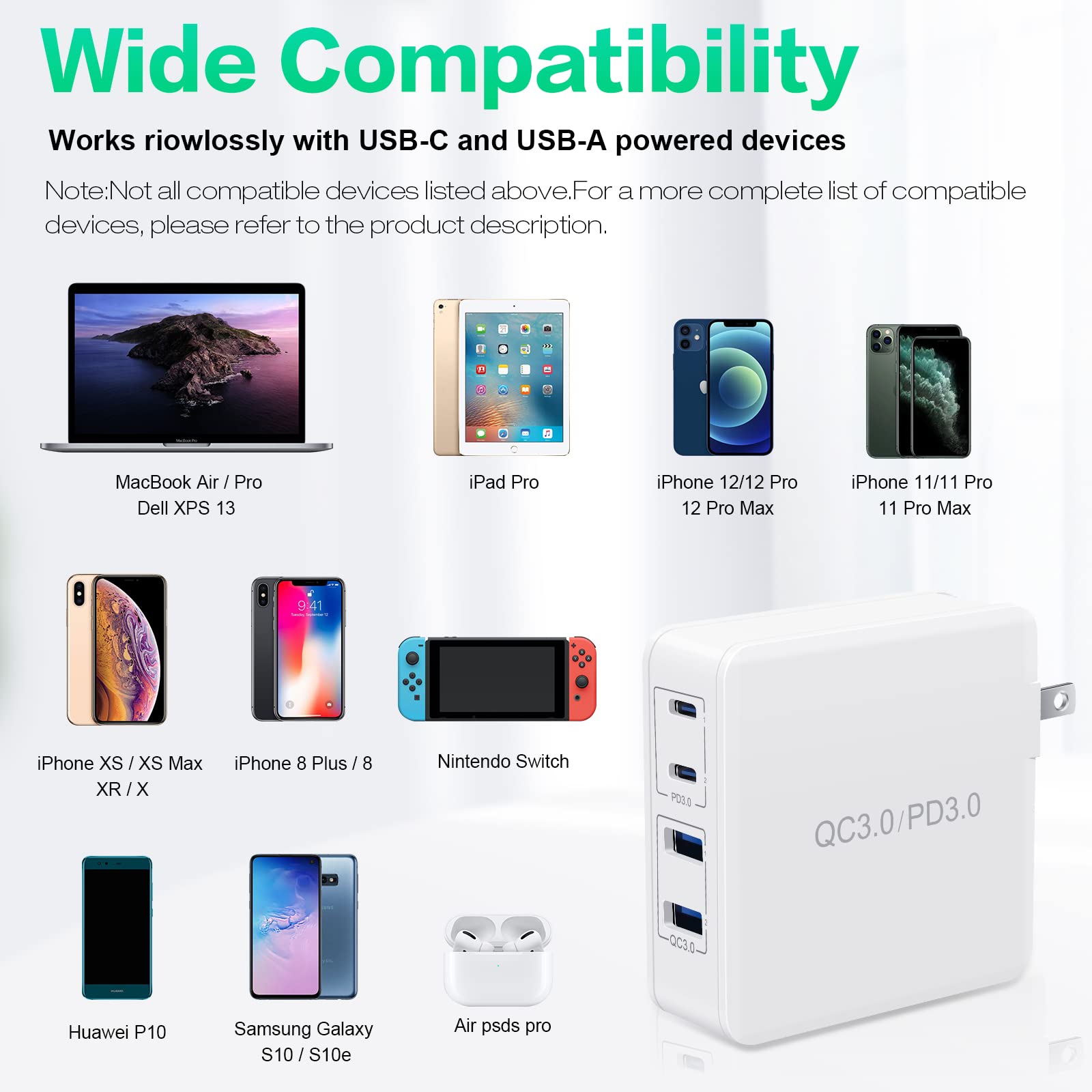 100W USB C Fast Charger PD 3.0 - 4 Port GaN Wall Charger for MacBook Pro/Air 2021, iPhone 15/14/13/12, iPad Pro, Galaxy S23/S22, Dell XPS - Compact & Powerful Charging Station for Home, Office & Travel (White)