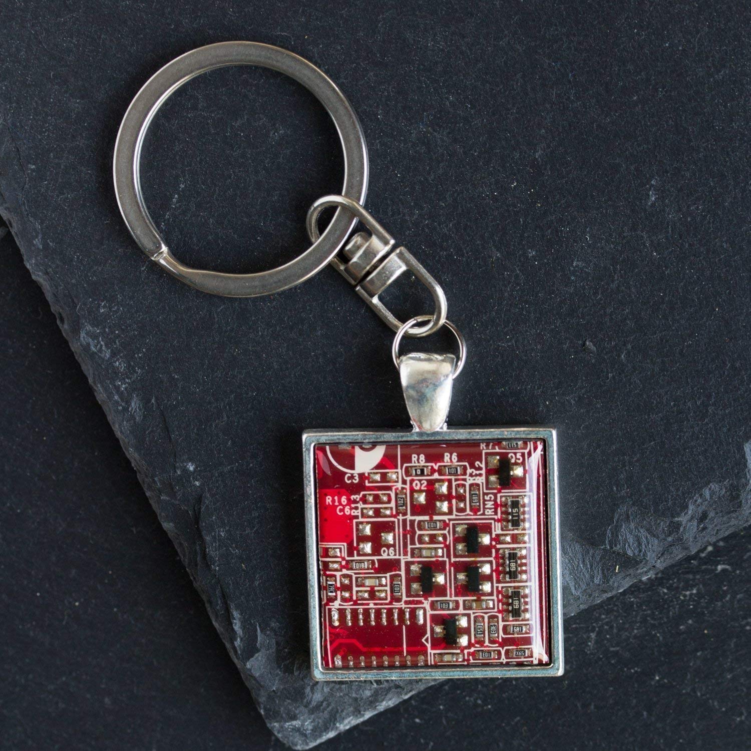 Eco-Friendly Recycled Circuit Board Keychain - Square Design (Red) | Unique Tech Gift for Engineers, Programmers & Electronics Enthusiasts | Perfect for Office Keys, Backpacks & Geek Accessories