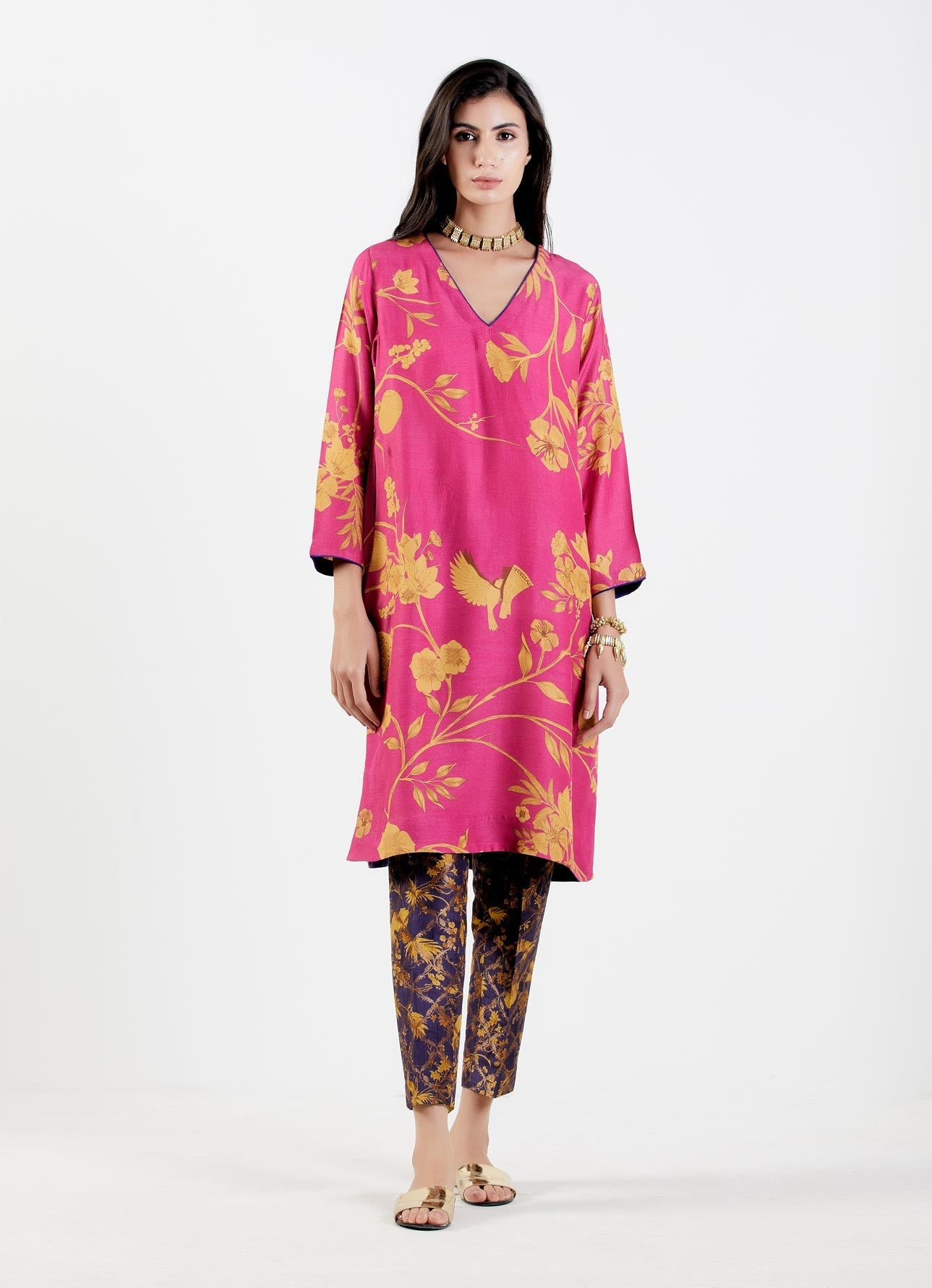 Elegant V Neck Kurta for Women - Premium Muga Satin Fabric - Royal Rani Style - Perfect for Festivals, Weddings & Special Occasions
