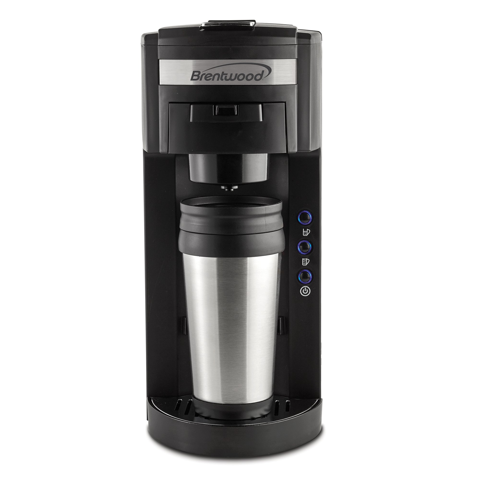 Brentwood Single Serve K-Cup Coffee Maker with Travel Mug - Compact Black Coffee Machine for Home & Office - Perfect for Quick Brewing, Travel, and Gifts