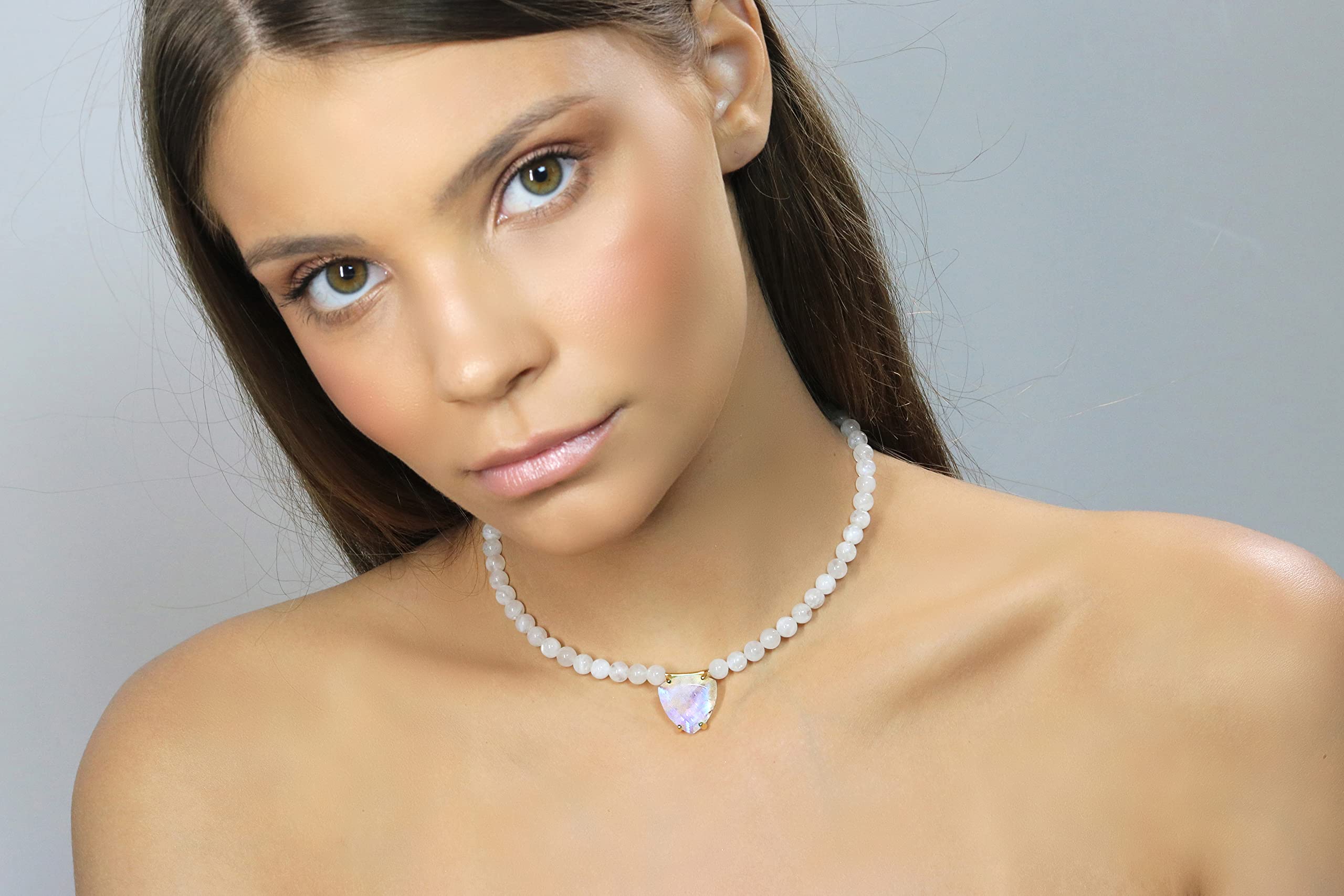 Beaded Moonstone Necklace with Trillion Cut Pendant - 14K Gold Vermeil Gemstone Jewelry for Women - June Birthstone Gift, Bridal Necklace | Perfect for Weddings, Anniversaries & Special Occasions