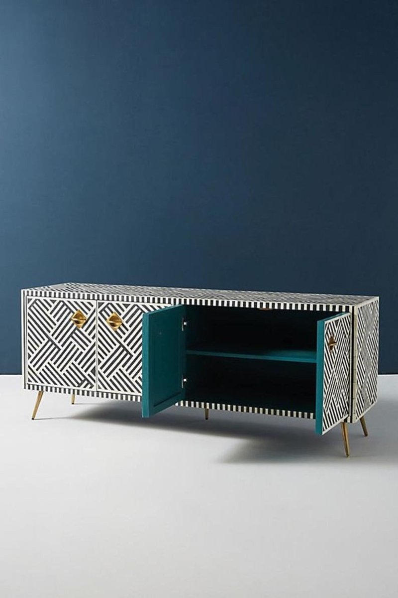 Handmade Bone Inlay TV Stand with 4 Doors - Black & White Media Console for Living Room, Entertainment Center with Storage for TV, Gaming & Home Decor