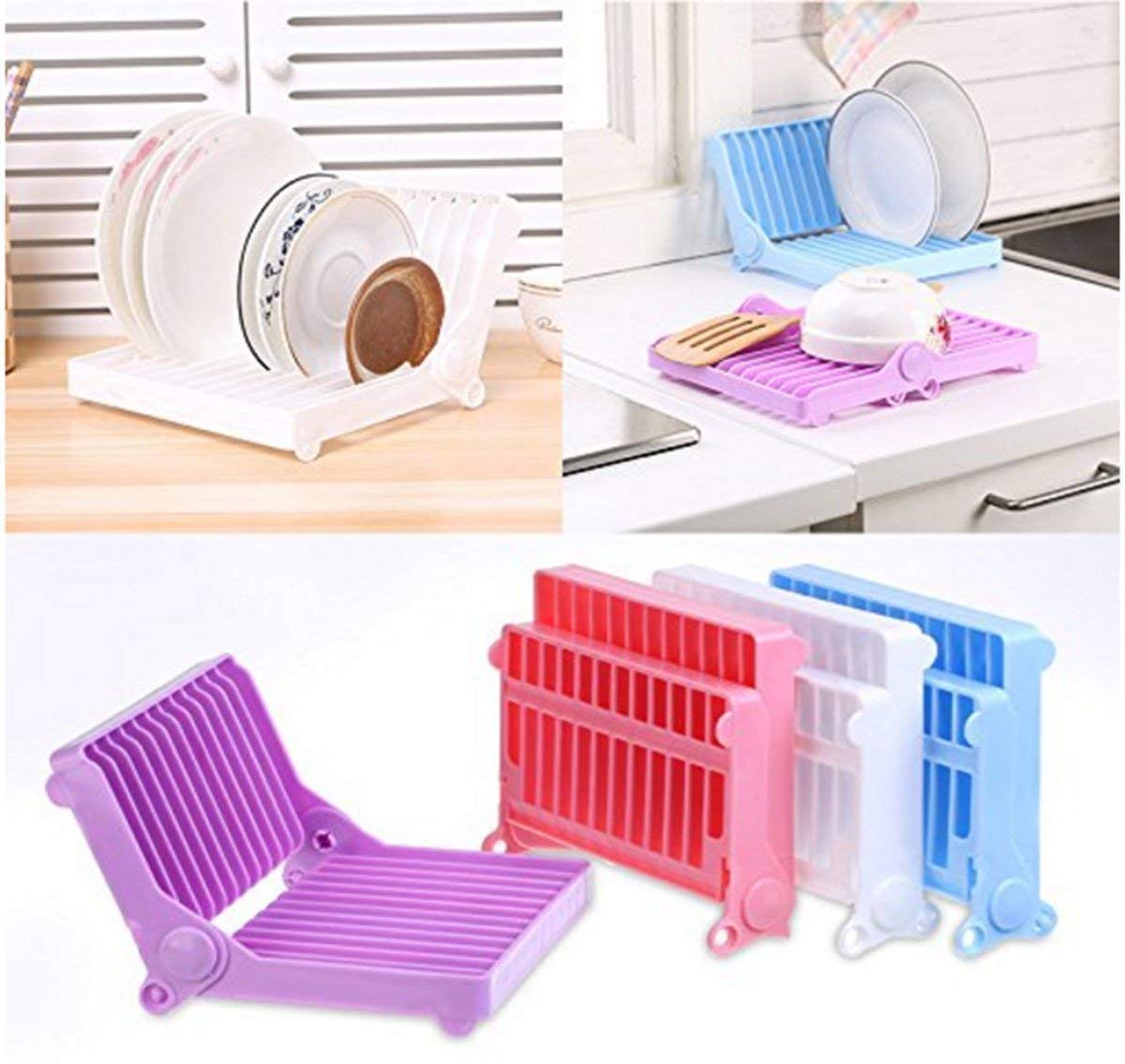 POXEFLIP 12-Slot Foldable Dish Drying Rack - Space Saving Plastic Plate Holder & Drainer for Kitchen Counter - Ideal for Small Apartments, Dorm Rooms, RVs (Multicolor)